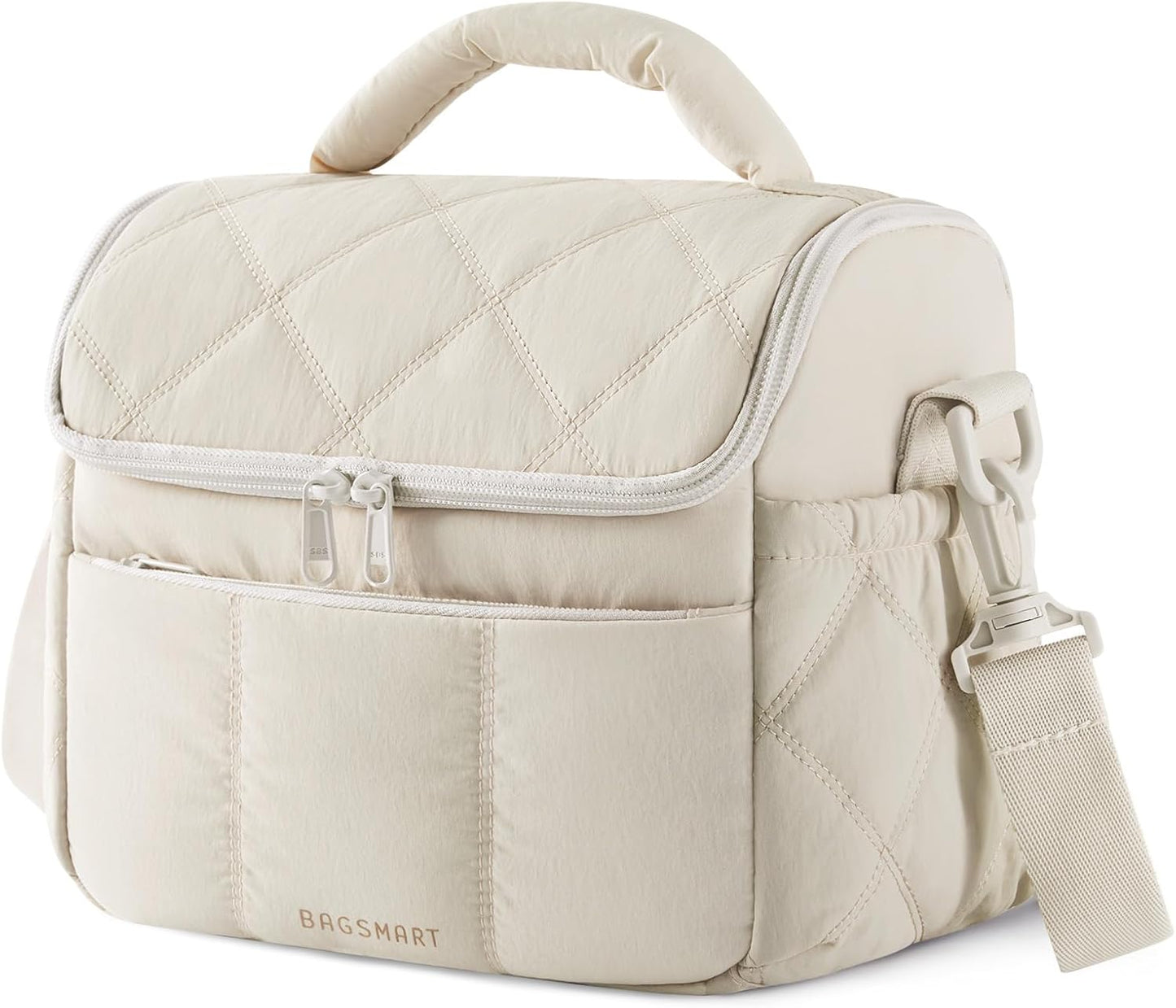BAGSMART Lunch Bag Women, Double Deck Insulated Lunch Box, Quilted Puffer Lunch Tote, Leakproof, Durable & Reusable Large Lunch Cooler For Work Picnic Travel Meal Prep, Camel