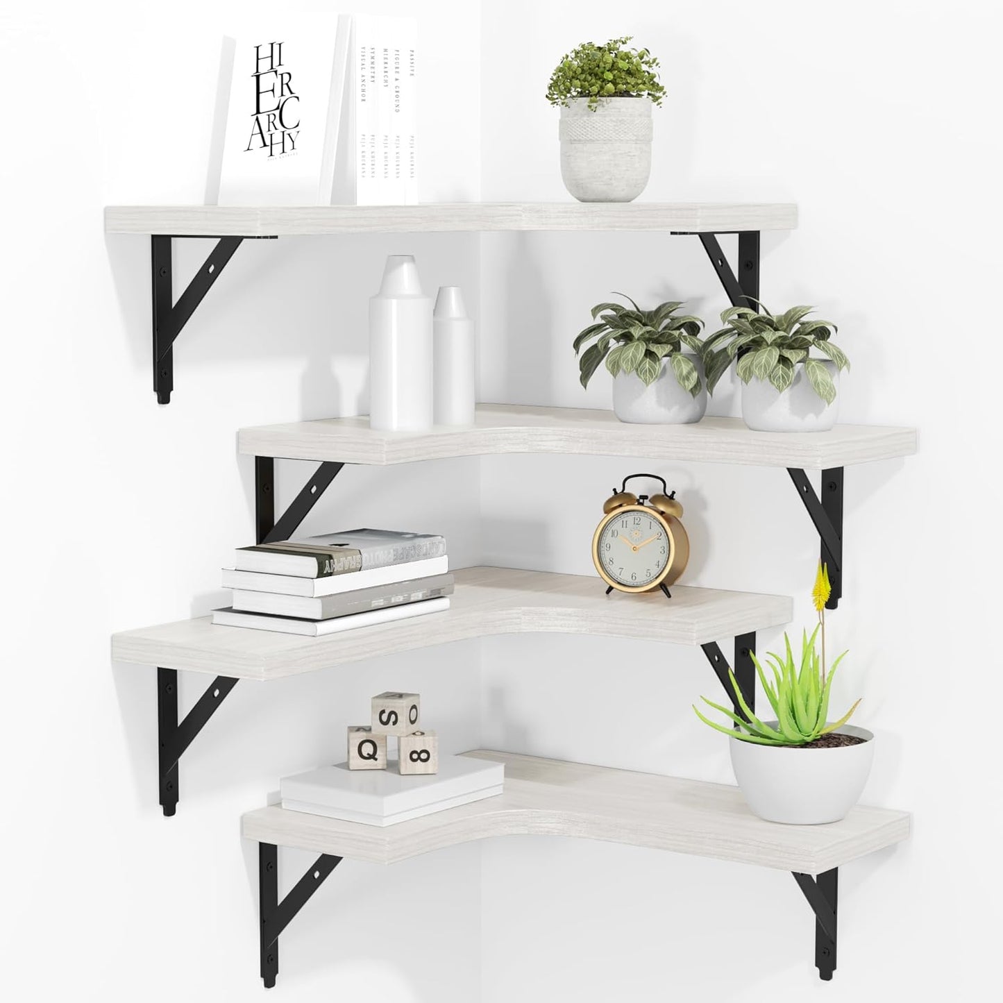 Corner Floating Shelves Wall Mounted Set of 4, Rustic Wood Storage Display Wall Shelves for Home Decor, Bathroom, Kitchen, Bedroom, Living Room, Office (Black)