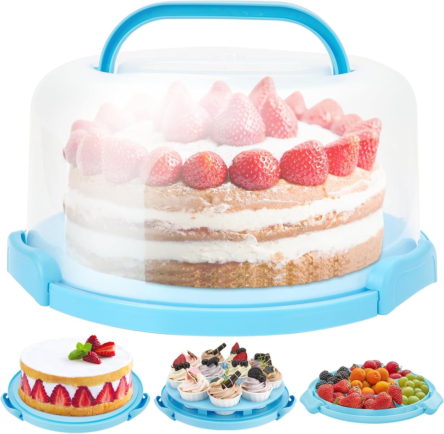 Ohuhu Cake Carrier with Lid and Handle, BPA-Free Cake Containers Cake Holder for 10 inch Cake with 2 Handles Cupcake Carrier - Plastic Cover Two Sided Base for Transport Pie Nuts Fruit Perfect Gifts