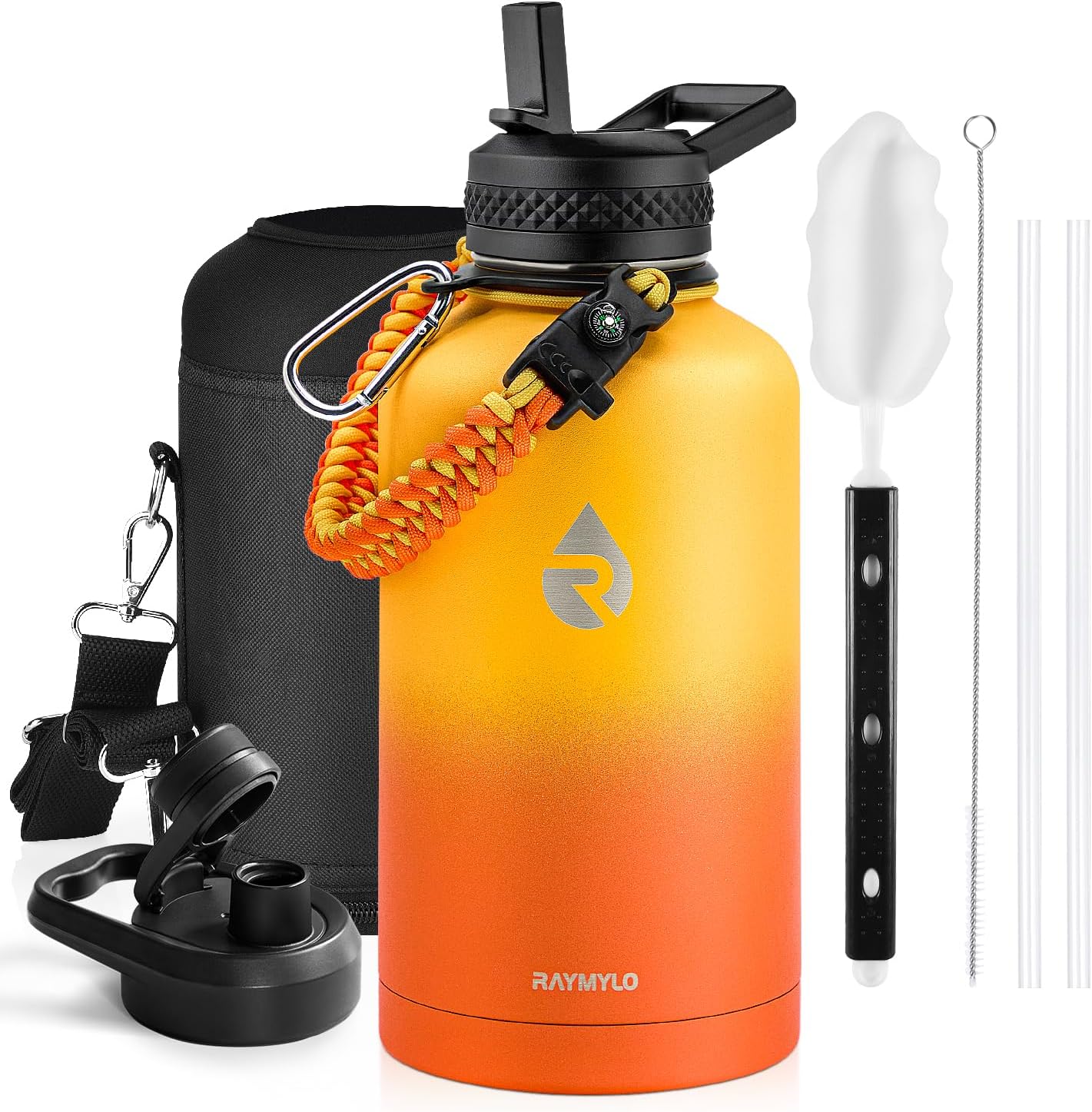 One Gallon Water Bottle Insulated, Triple Walled Vacuum Stainless Steel (Cold for 48 Hrs), Leak Proof & Non-BPA, Large Water Flask Jug with Paracord Handle & Straw Spout Lids