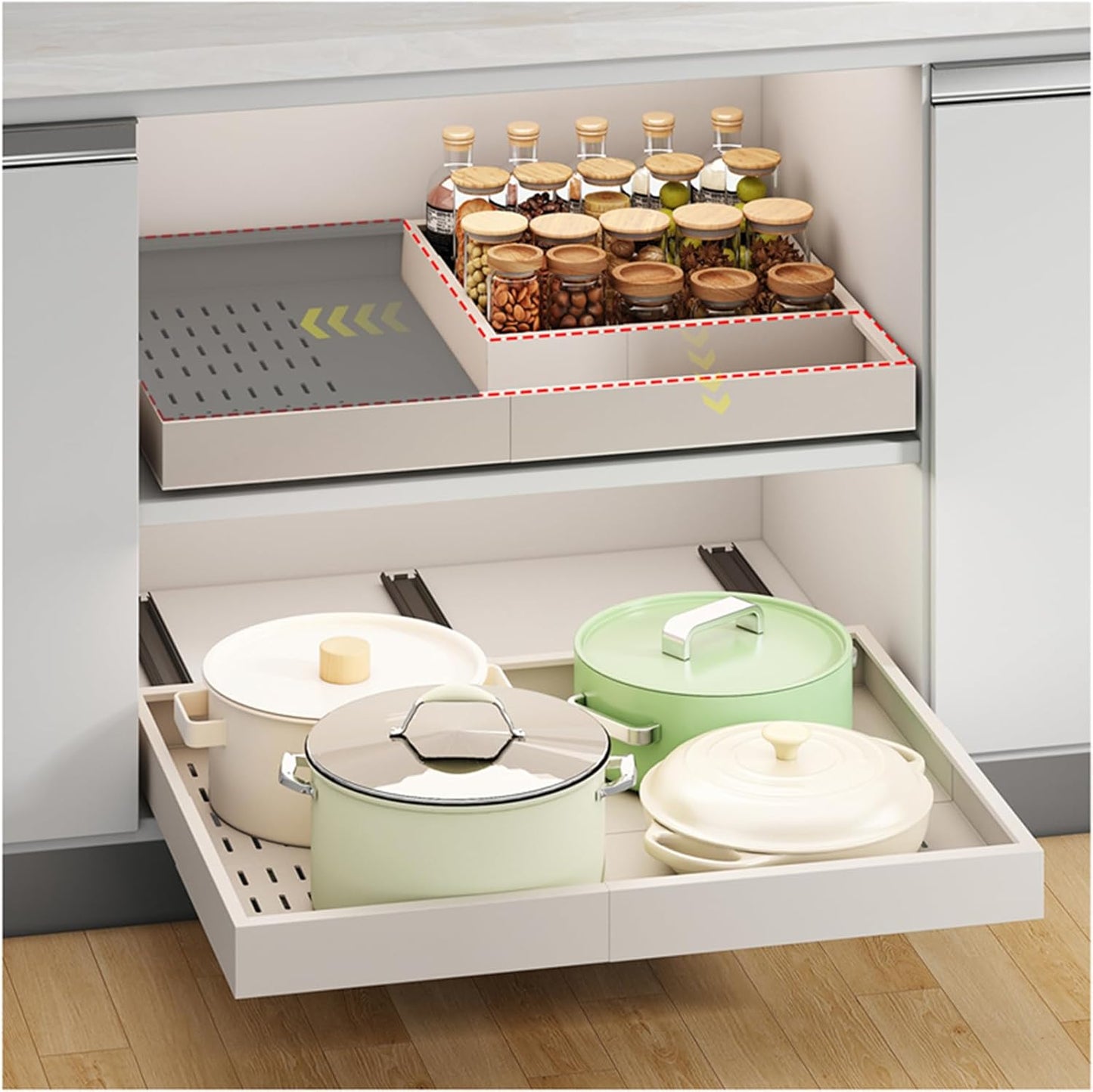 Pull out Cabinet Organizer,Width (14"-21") and Depth (17"-24") Expandable With 3 Rails,No Drill Adjustable Slide out Drawers for Kitchen,Pantry,Adhesive Roll out Shelves,for Cabinets Without Lip,White