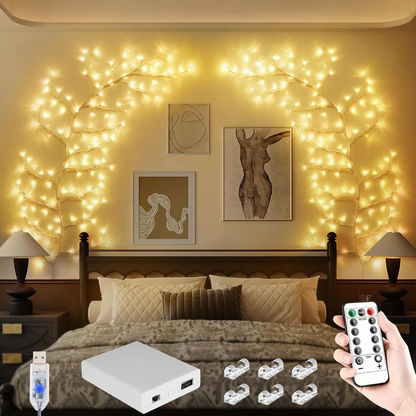 Cherry Enchanted Willow Vine Lights 7.55FT 144LED Pink Cherry Blossom Tree Branch Lights for Wall, Remote Timer,8 Light Model,Bedroom Wall Doors Wedding, Christmas, USB Battery Box