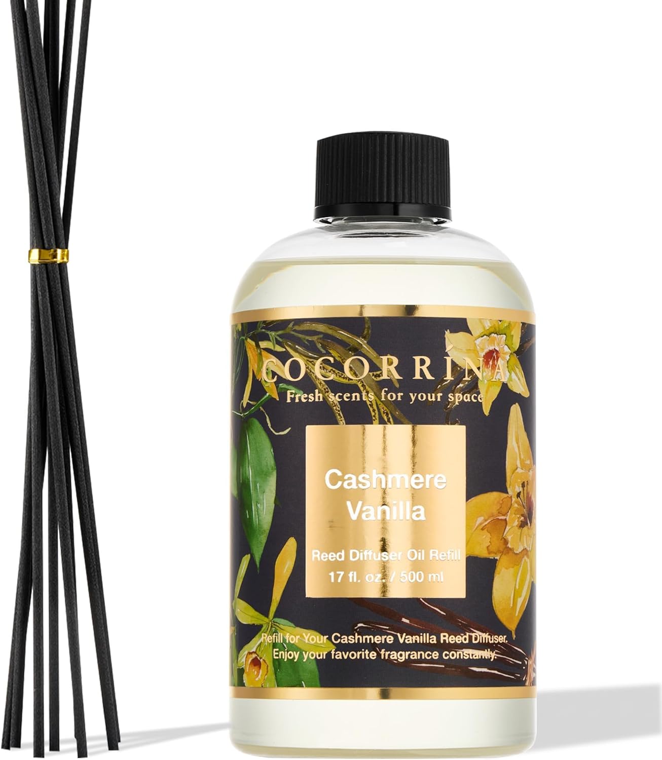 Cocorrína Reed Diffuser Refill Sandalwood Rose 17oz (500ml) with 8 Sticks - Premium Long-Lasting Floral Essential Oil, Home Fragrance for Bedroom, Bathroom Home Decor
