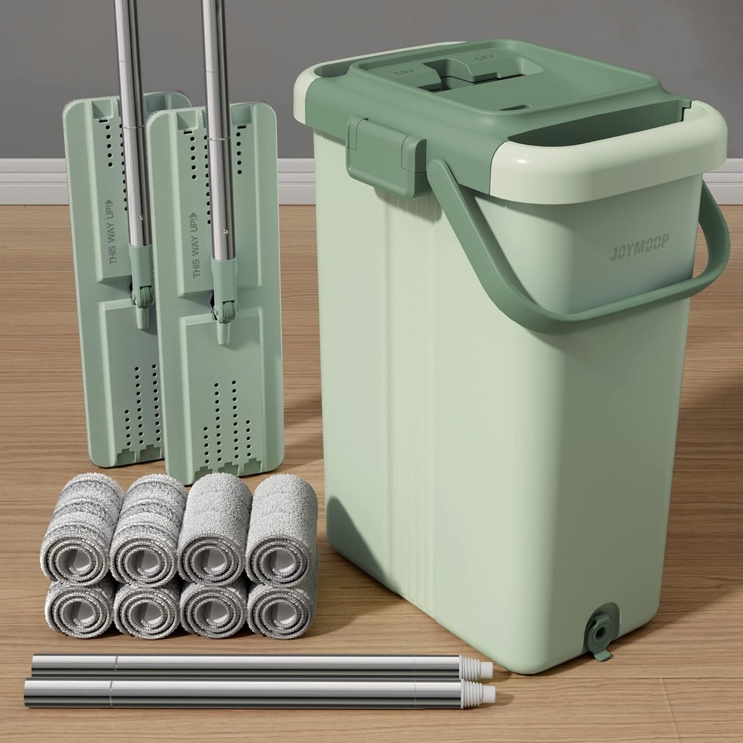 JOYMOOP Mop and Bucket with Wringer Set, Hands Free Flat Floor Mop and Bucket, with 3 Washable Microfiber Pads, Wet and Dry Use, Floor Cleaning System