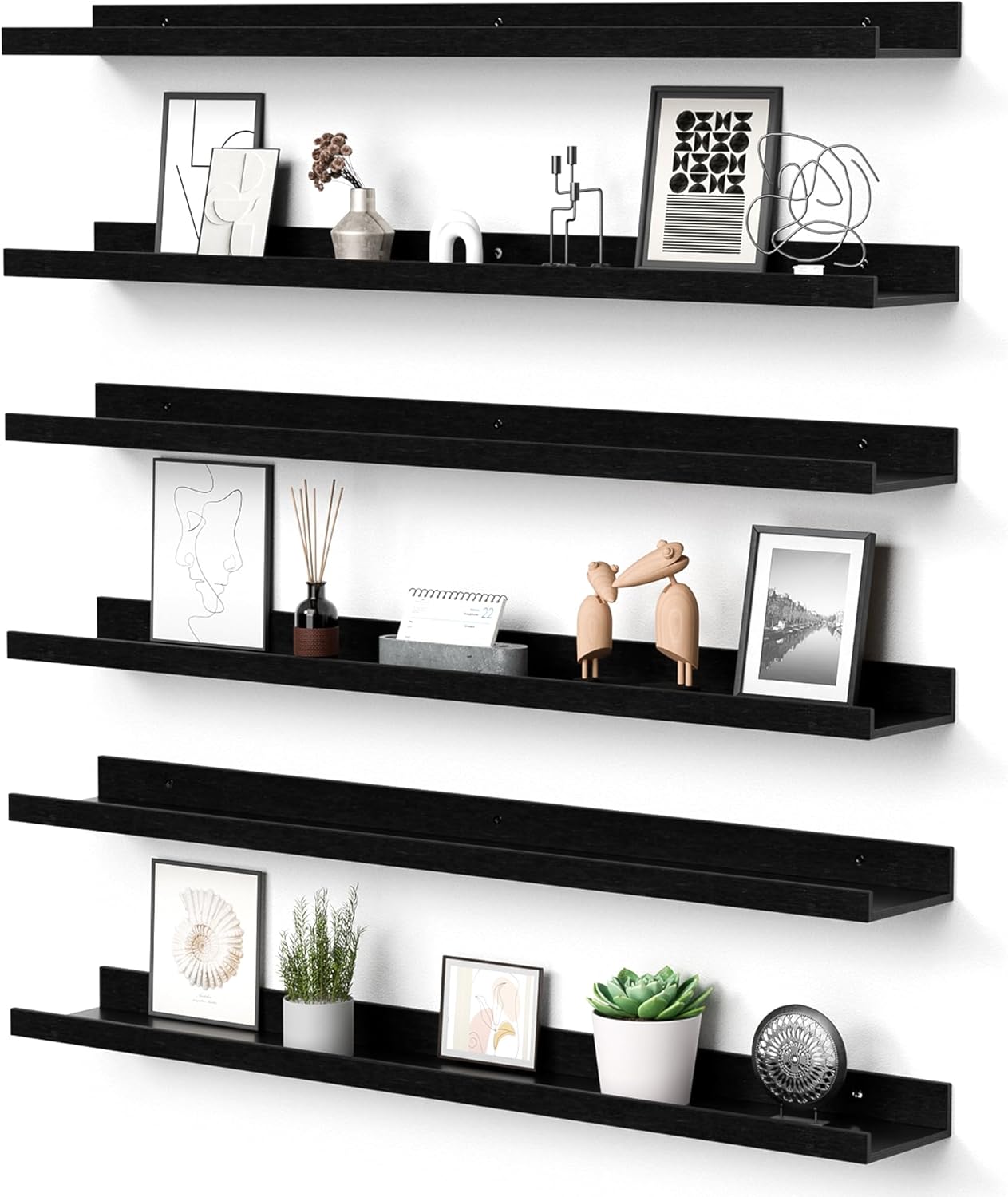 upsimples Floating Shelves for Wall, Wall Shelves for Decor Storage Set of 6, Wall Mounted Wood Shelf for Bedroom, Living Room, Bathroom, Kitchen, Picture Ledge Shelf, Black