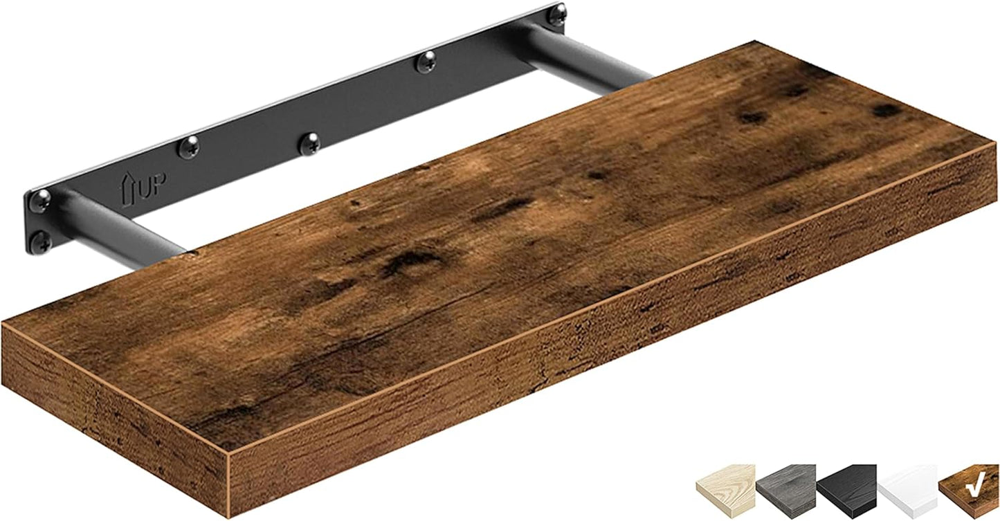 QEEIG Floating Shelves for Wall Bathroom Shelf Bedroom Kitchen Living Room Hanging Book Shelves Small Farmhouse Decor 16 inch Set of 3, Rustic Brown (015-BN3)