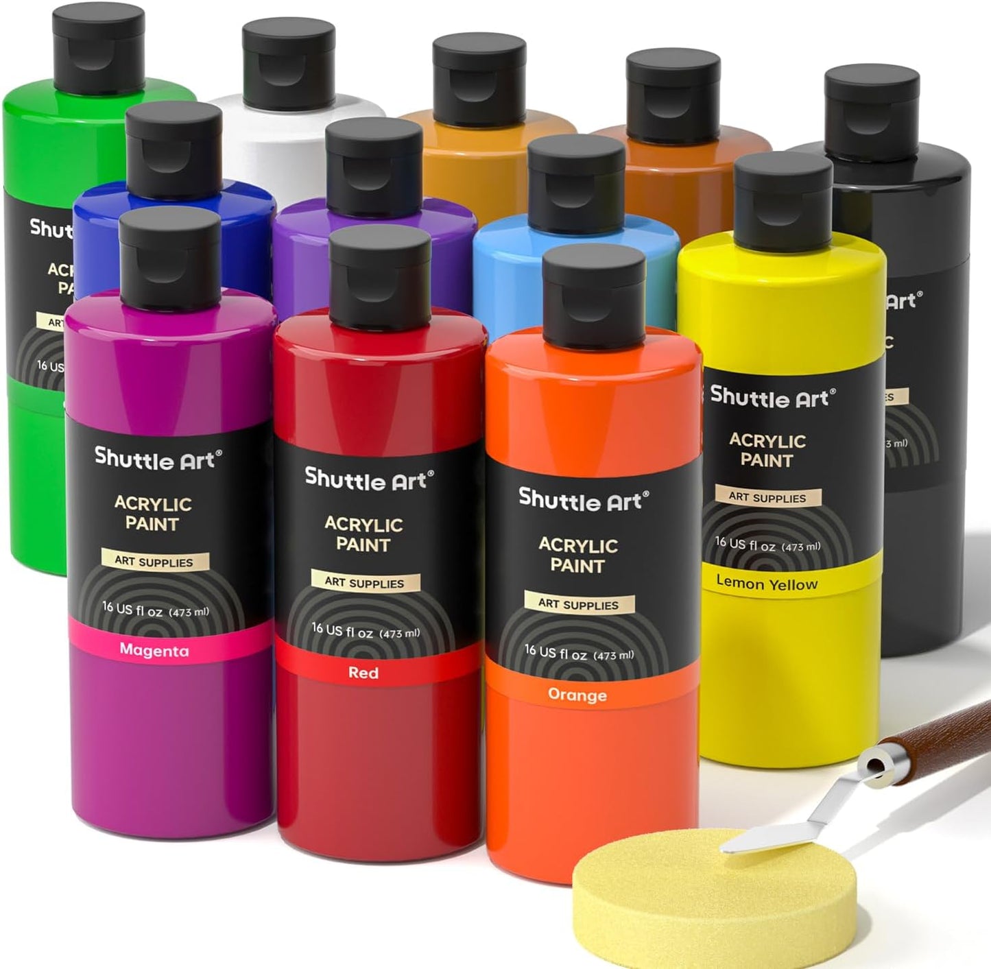 Shuttle Art 18 Colors Acrylic Paint Bottle Set (250ml/8.45oz), Rich Pigmented Bulk Painting Supplies for Artists, Beginners and Kids on Rocks Crafts Canvas Wood Ceramic
