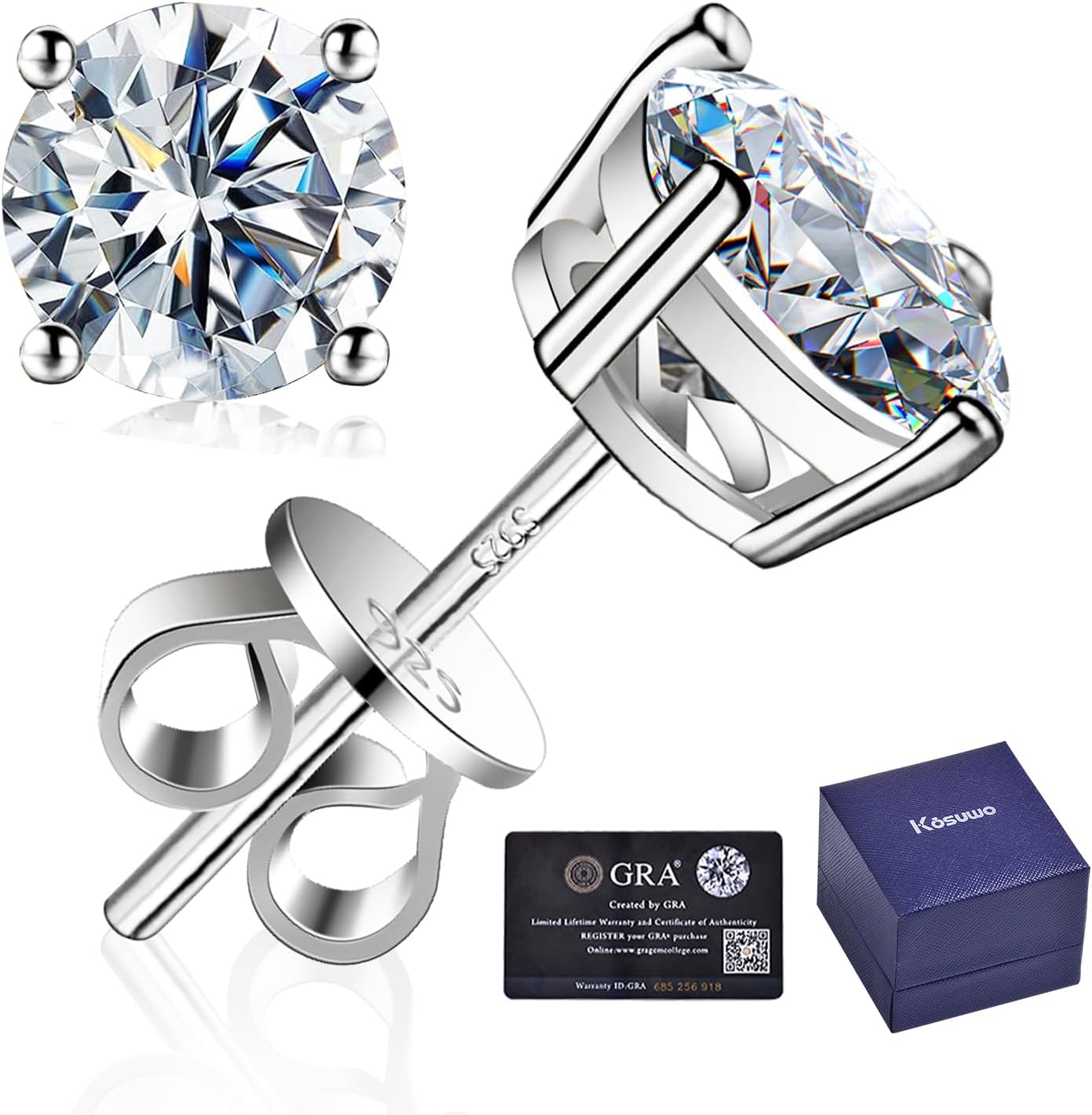 Kosuwo Moissanite Stud Earrings 2.0CT D Color,GRA 925 Sterling Silver Earrings for Men 18K White Gold Plating Earrings for Women,wedding earrings