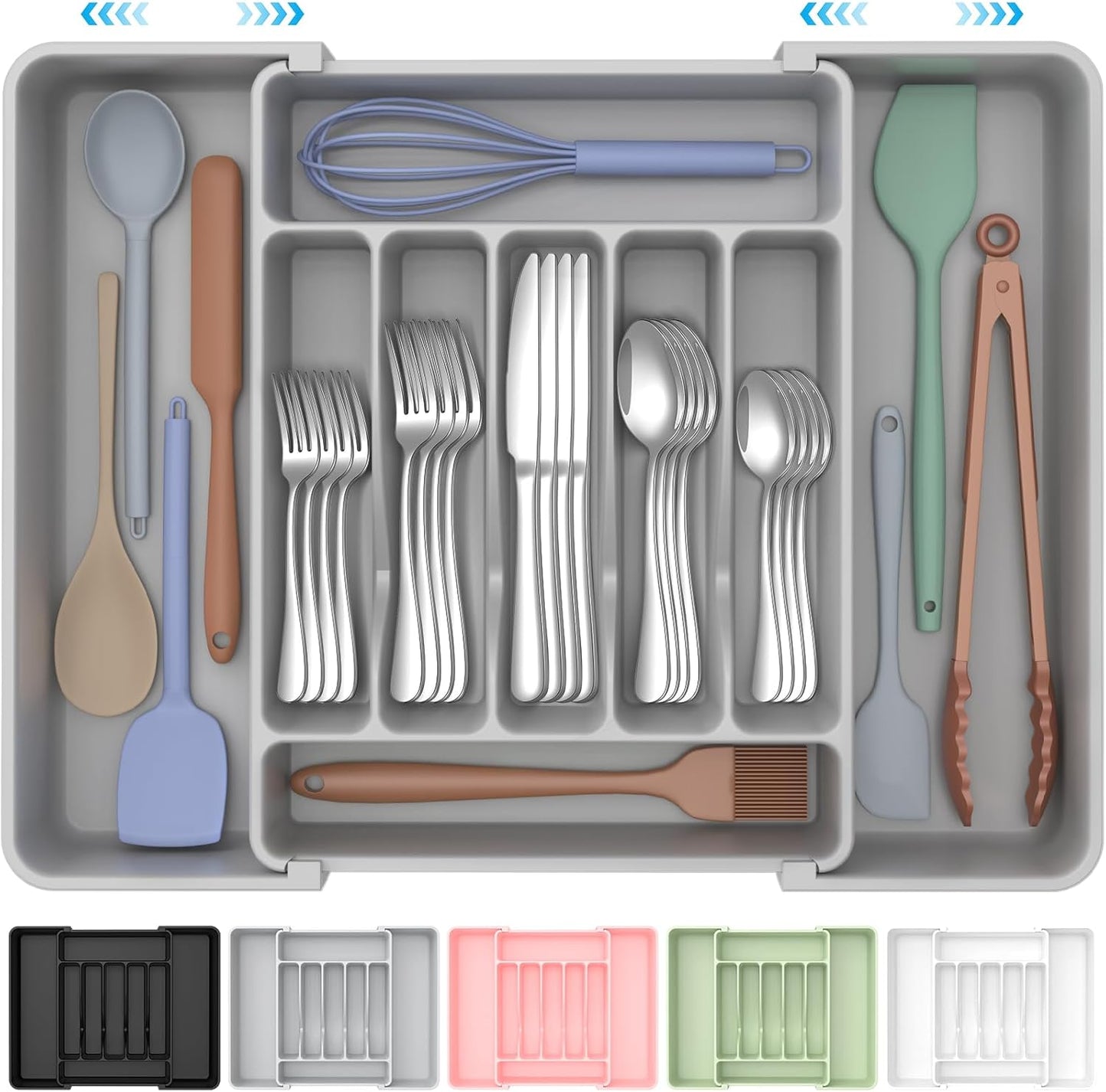 Extra Large Expandable Silverware Organizer, BPA-Free Food-Safe Cutlery Flatware Organizer, Kitchen Utensil Drawer Organizer, Adjustable Silverware Holder for Spoons Forks Knives, Black