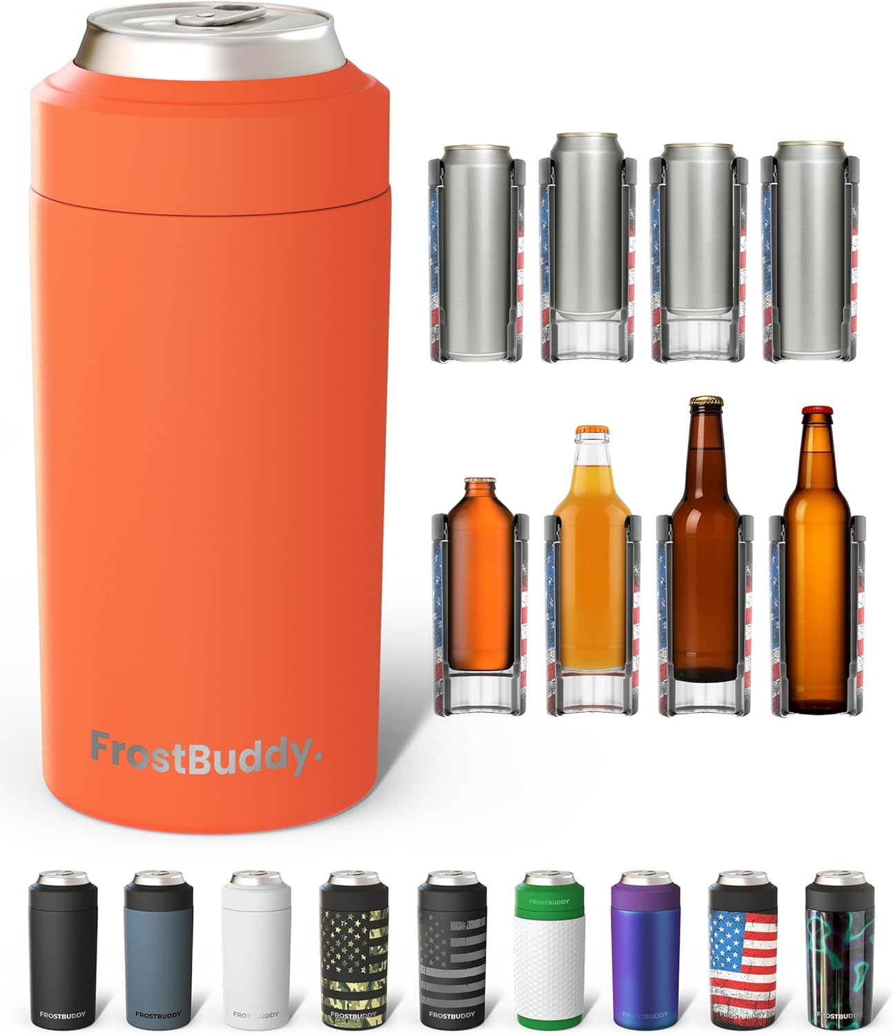 Frost Buddy Universal Can Cooler - Fits All - For Regular 12 & 16 oz or Slim-Size Bottles - Insulated Double-Walled Stainless Steel (MatteBlack)