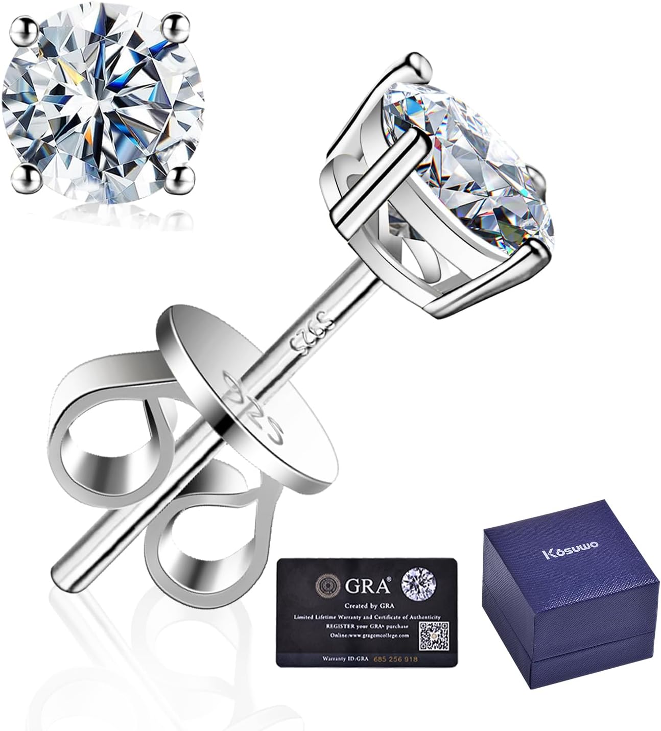 Kosuwo Moissanite Stud Earrings 2.0CT D Color,GRA 925 Sterling Silver Earrings for Men 18K White Gold Plating Earrings for Women,wedding earrings