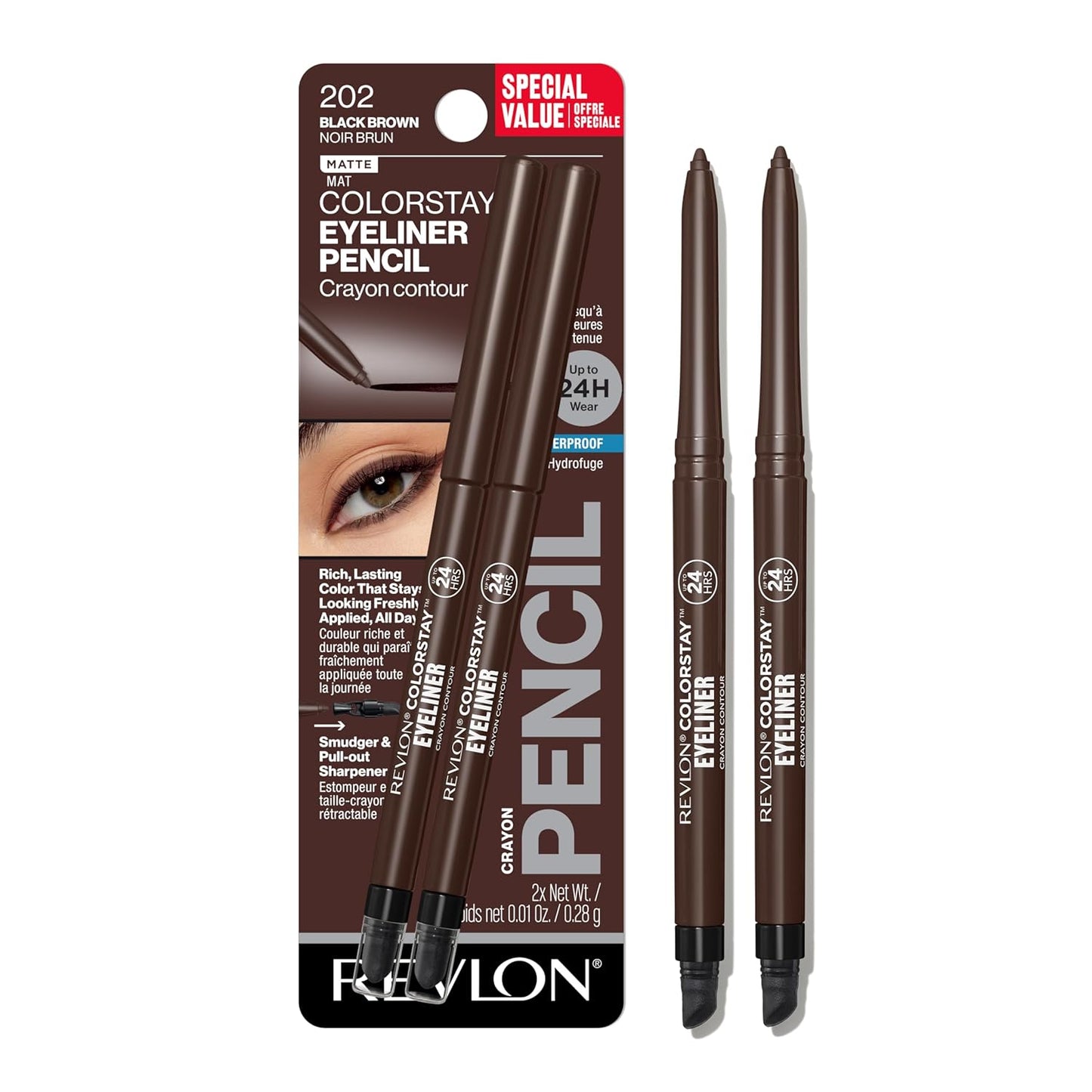 Revlon ColorStay Pencil Waterproof Eyeliner, Smudge-Proof, Eye Makeup with Built-In Sharpener, 201 Black, 2 pack