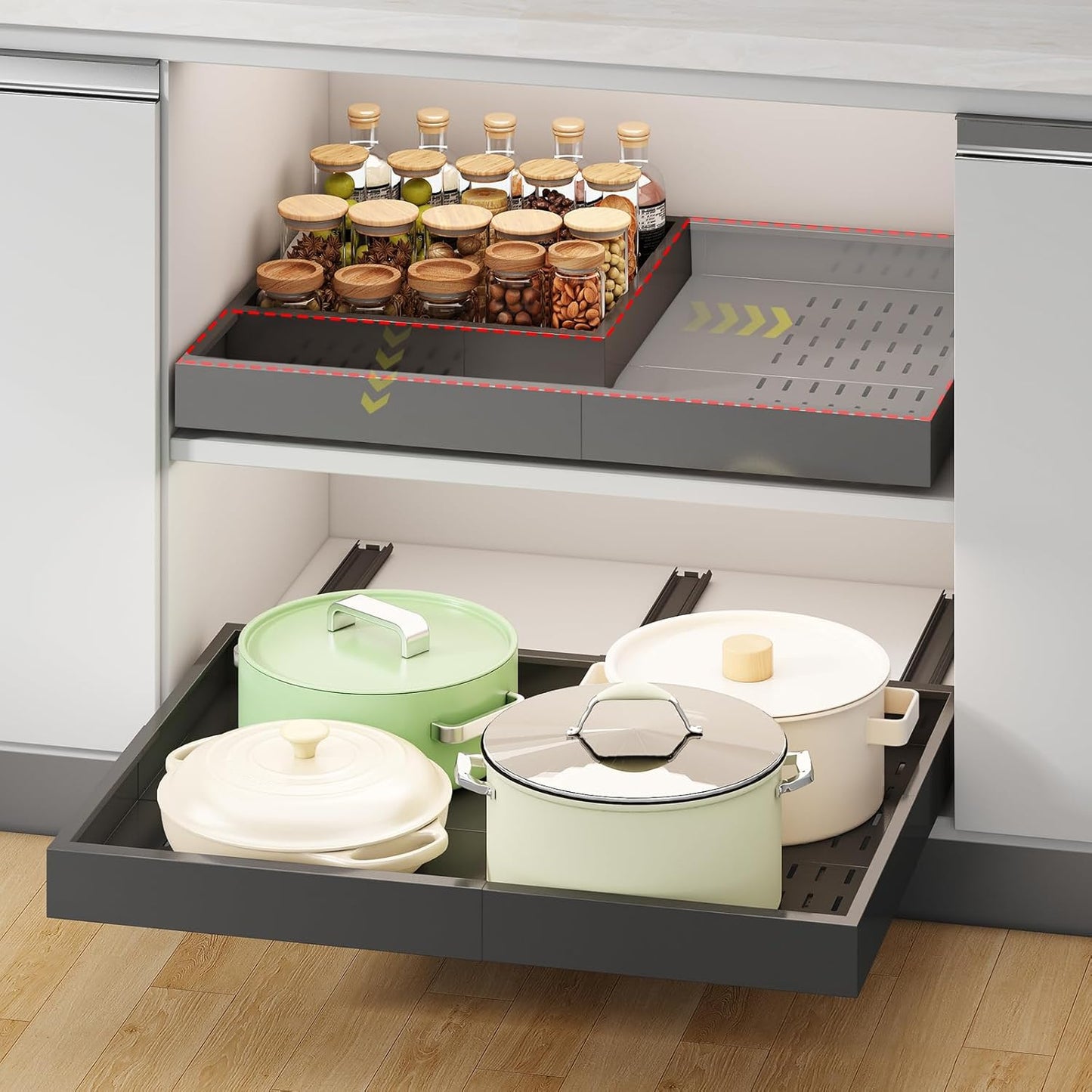 Pull out Cabinet Organizer,Width (14"-21") and Depth (17"-24") Expandable With 3 Rails,No Drill Adjustable Slide out Drawers for Kitchen,Pantry,Adhesive Roll out Shelves,for Cabinets Without Lip,White