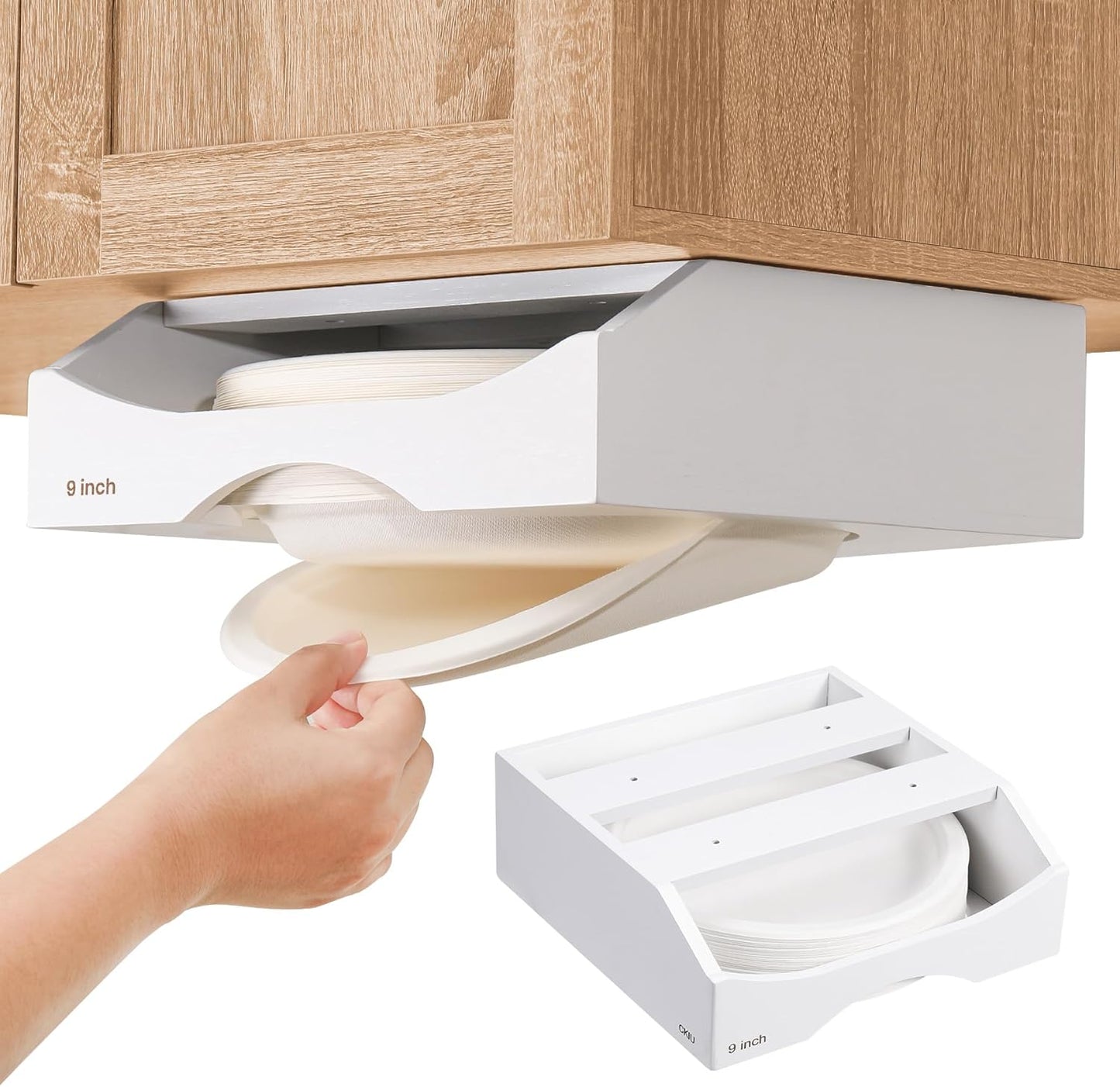 10-inch Paper Plate Dispenser Under Cabinet, Bamboo Paper Plate Holders, Kitchen Counter Vertical Plate Dispensers Holders Countertop Caddy(For 10-inch Plates, Bamboo)
