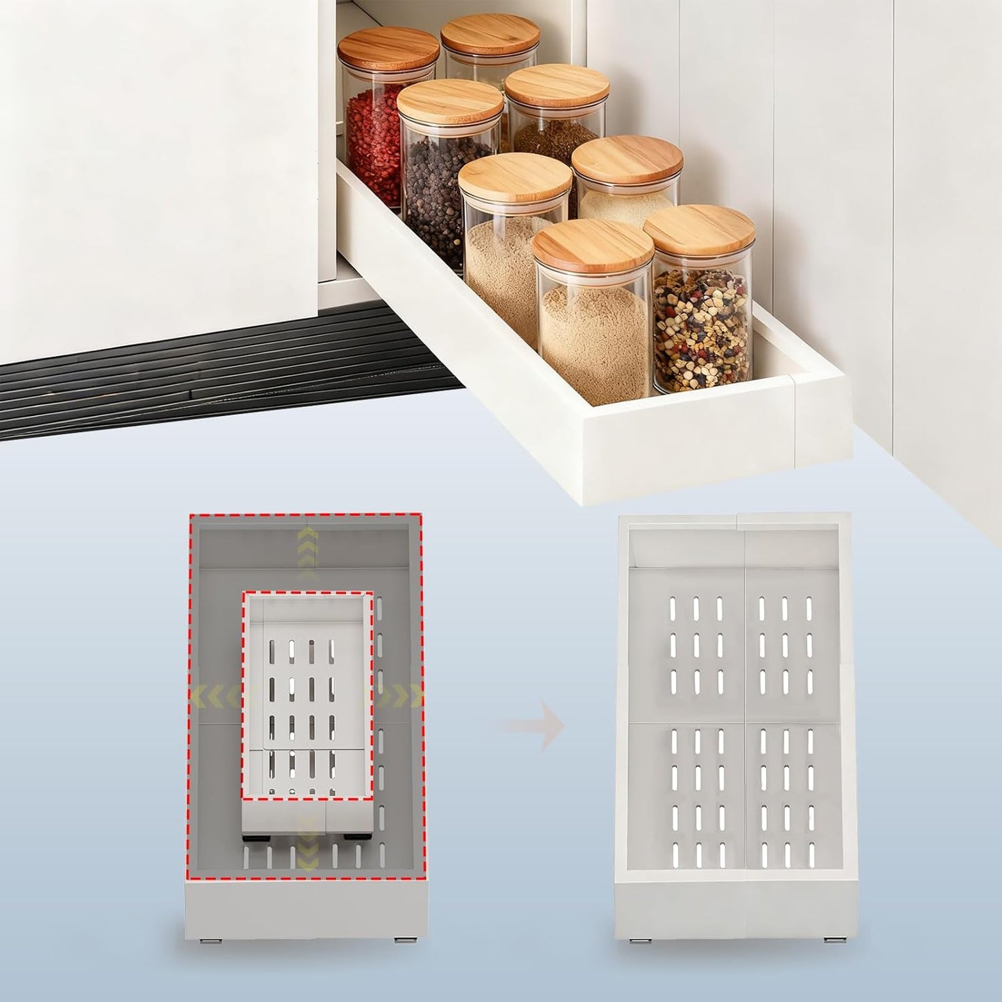 Pull out Cabinet Organizer,Width (14"-21") and Depth (17"-24") Expandable With 3 Rails,No Drill Adjustable Slide out Drawers for Kitchen,Pantry,Adhesive Roll out Shelves,for Cabinets Without Lip,White