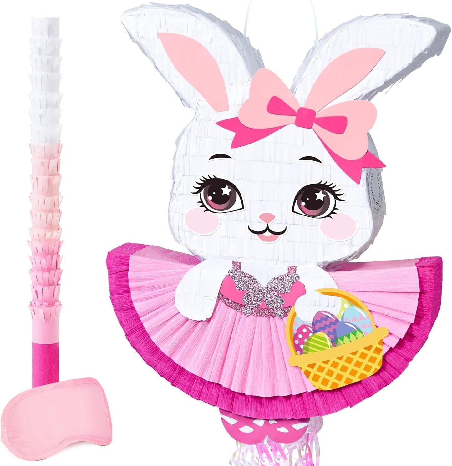 WERNNSAI Easter Bunny Piñata - Easter Rabbit Piñata Spring Pinata with Blindfold and Stick for Birthday Party Decoration Baby Shower School Activities Game Spring Party Game