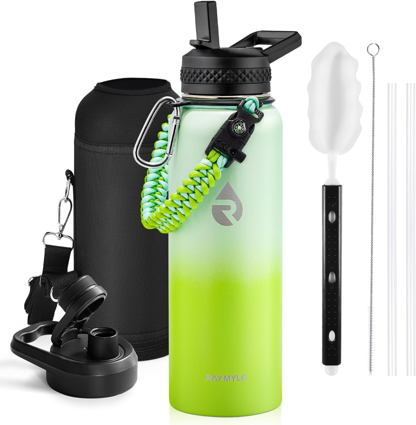 One Gallon Water Bottle Insulated, Triple Walled Vacuum Stainless Steel (Cold for 48 Hrs), Leak Proof & Non-BPA, Large Water Flask Jug with Paracord Handle & Straw Spout Lids