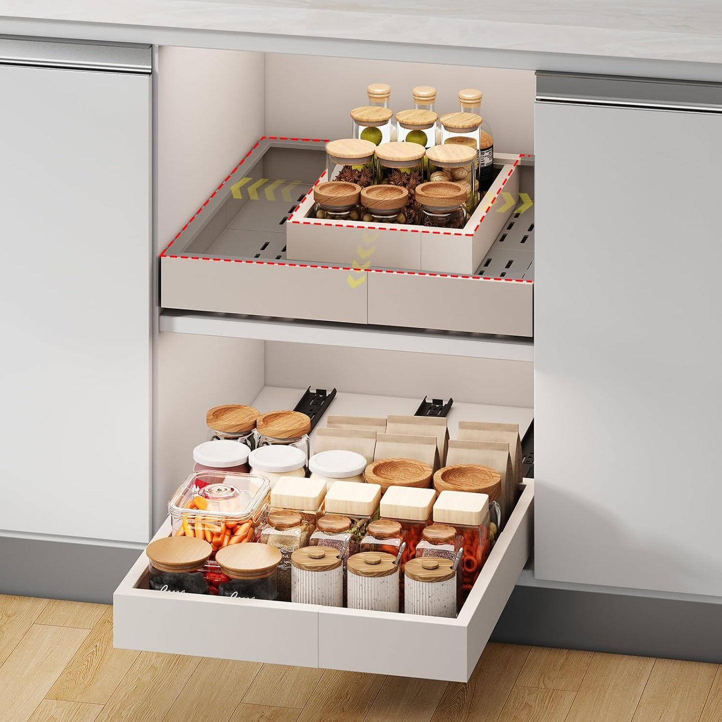 Pull out Cabinet Organizer,Width (14"-21") and Depth (17"-24") Expandable With 3 Rails,No Drill Adjustable Slide out Drawers for Kitchen,Pantry,Adhesive Roll out Shelves,for Cabinets Without Lip,White