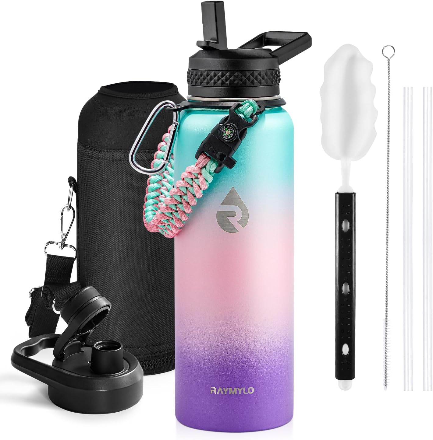 One Gallon Water Bottle Insulated, Triple Walled Vacuum Stainless Steel (Cold for 48 Hrs), Leak Proof & Non-BPA, Large Water Flask Jug with Paracord Handle & Straw Spout Lids
