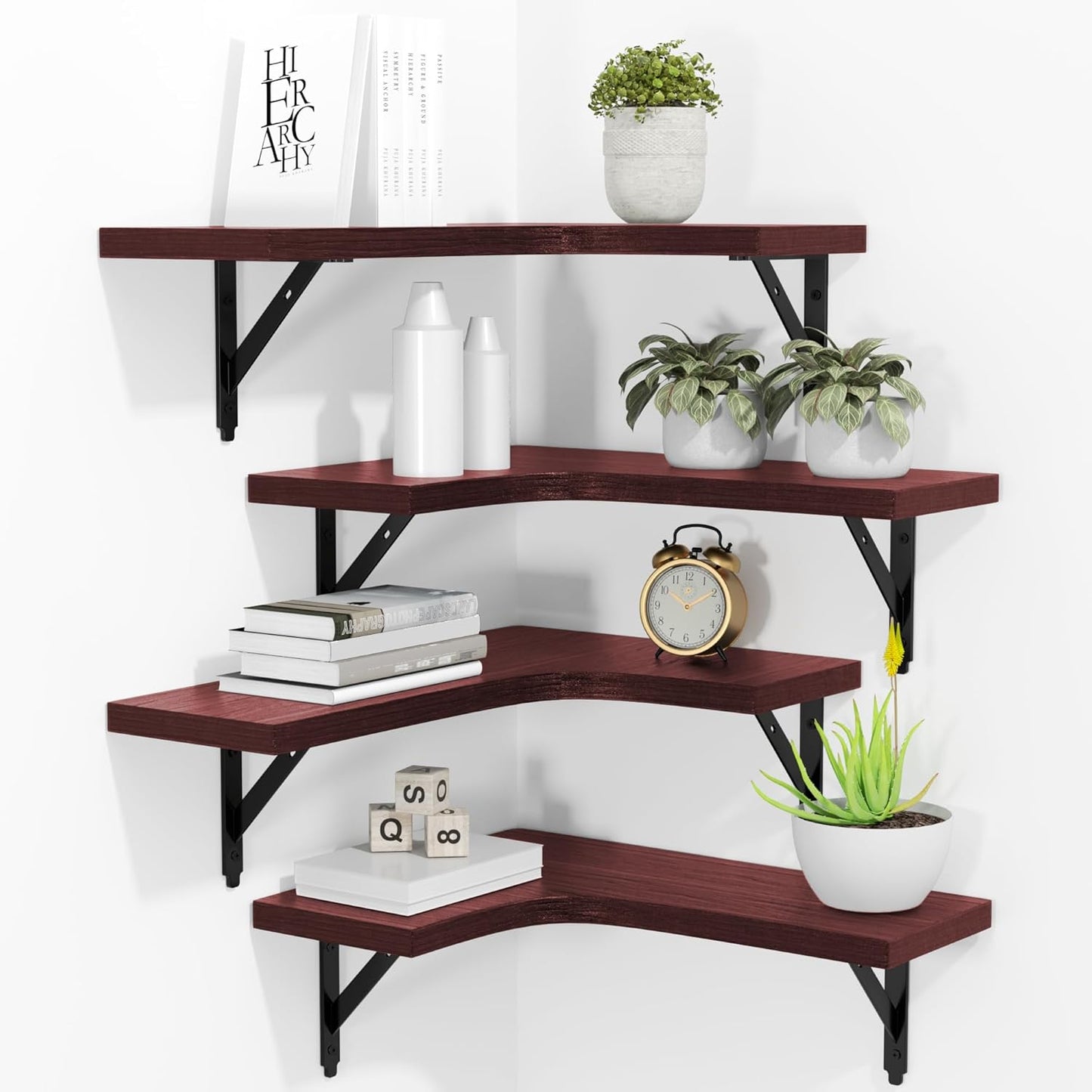 Corner Floating Shelves Wall Mounted Set of 4, Rustic Wood Storage Display Wall Shelves for Home Decor, Bathroom, Kitchen, Bedroom, Living Room, Office (Black)