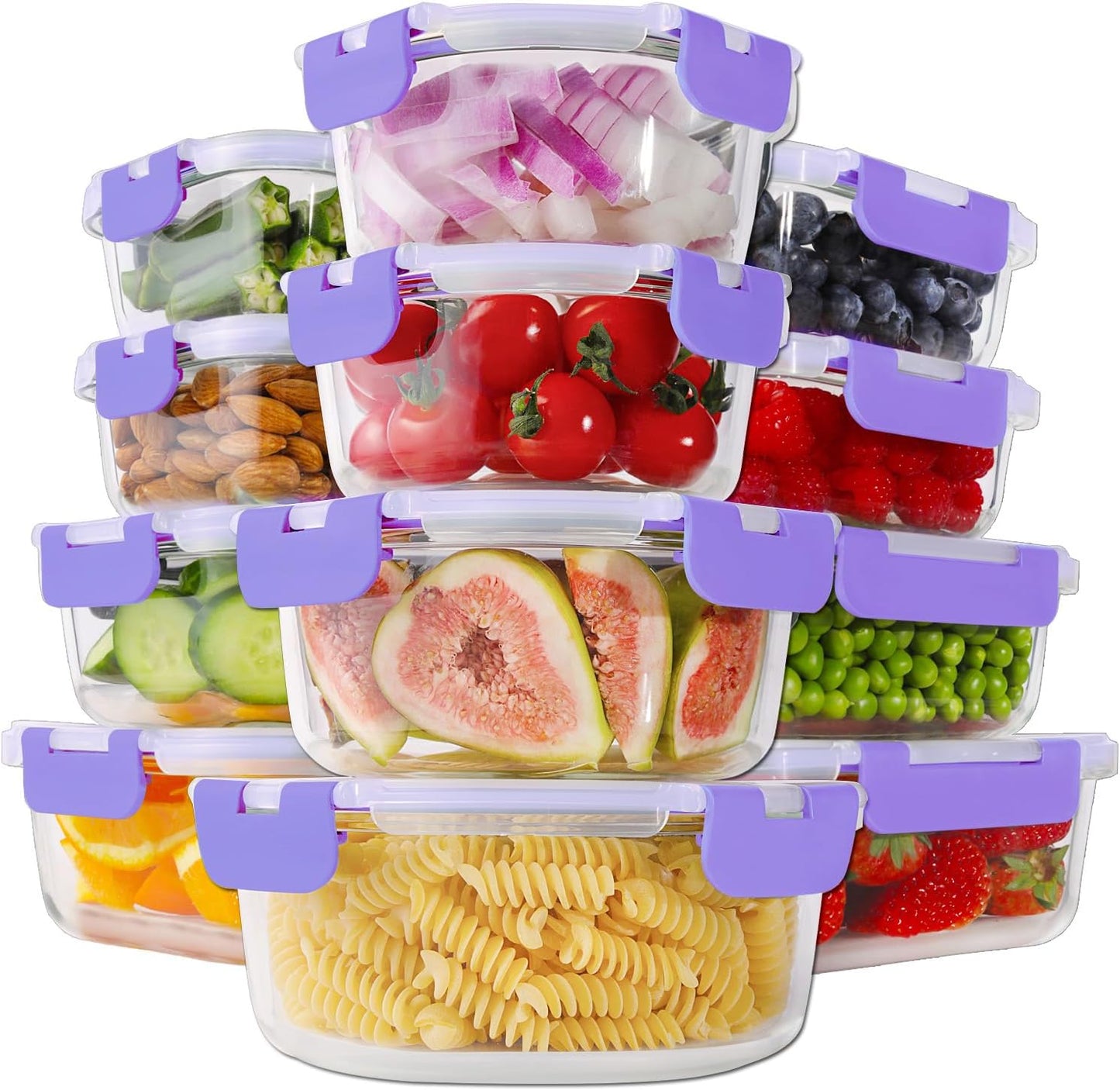 HOMBERKING 24pc Borosilicate Glass Food Storage Containers with Snap Locking Lids, Glass Meal Prep Containers, Airtight Lunch Boxes, Oven, Freezer and Dishwasher Safe, BPA Free, Kitchen Storage Set