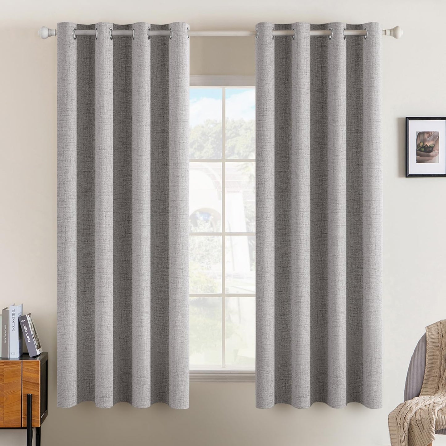 MIULEE 100% Blackout Linen Textured Curtains for Bedroom Solid Thermal Insulated Natural Beige Grommet Room Darkening Curtains & Drapes Luxury Decor for Living Room Nursery 52 x 84 Inch (2 Panels)