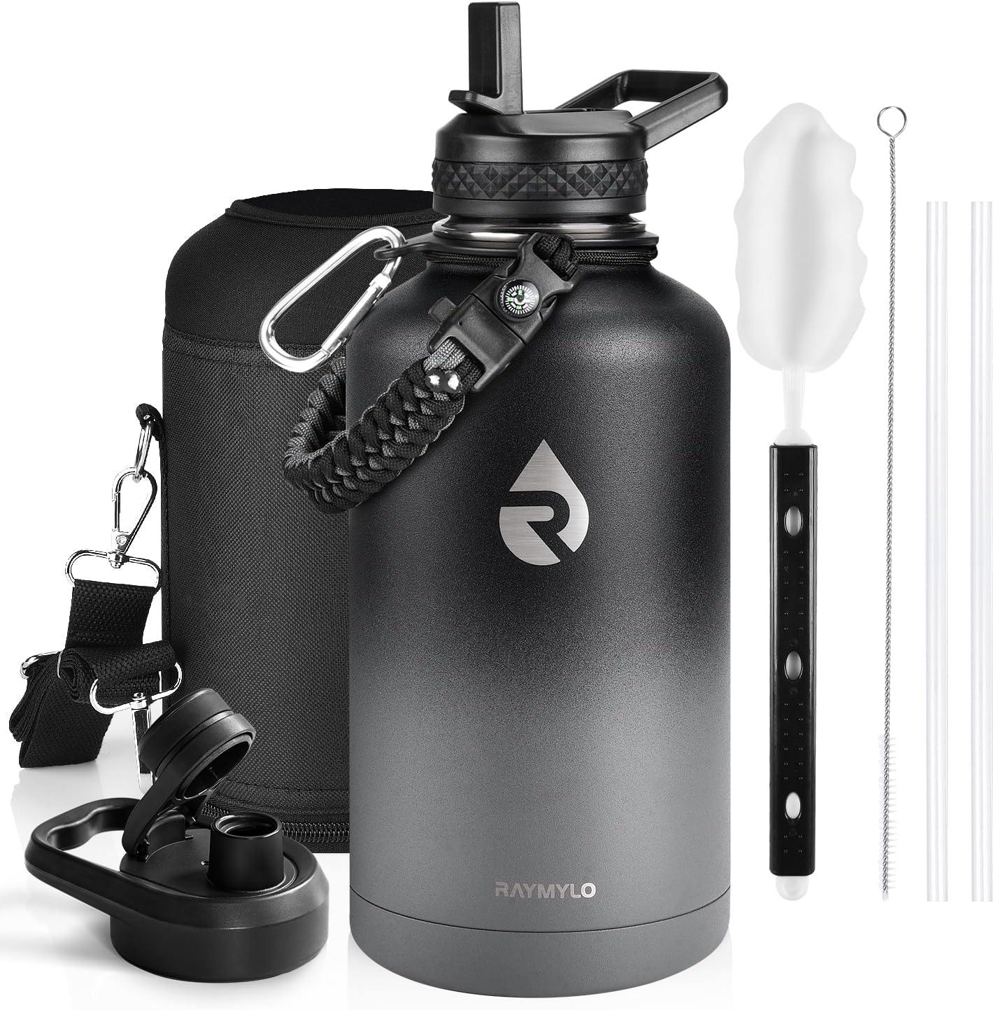 One Gallon Water Bottle Insulated, Triple Walled Vacuum Stainless Steel (Cold for 48 Hrs), Leak Proof & Non-BPA, Large Water Flask Jug with Paracord Handle & Straw Spout Lids