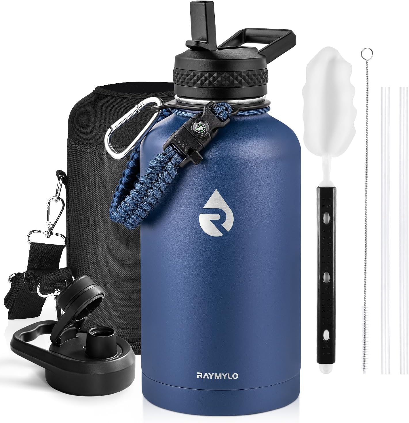One Gallon Water Bottle Insulated, Triple Walled Vacuum Stainless Steel (Cold for 48 Hrs), Leak Proof & Non-BPA, Large Water Flask Jug with Paracord Handle & Straw Spout Lids