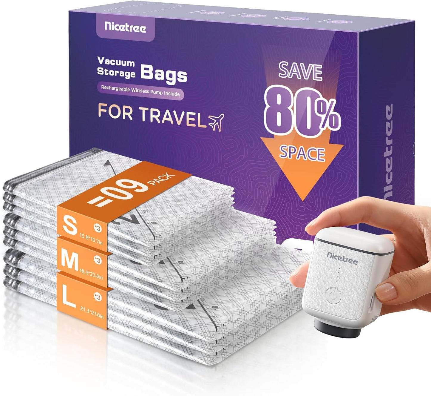 Nicetree 18-Pack Vacuum Seal Bags with Rechargeable Wireless Pump | 3 Sizes (20/24/28 Inch) Travel Vacuum Storage Bags for Clothing, Bedding & Seasonal Storage | Space Saver for Luggage