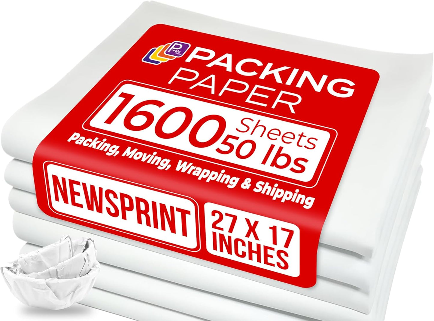 Purple Papers White Bulk Packing Paper | 320 sheets | 27" x 17" | 10 lb | Sheets for Moving - Newsprint Paper - Must Have in Your Moving Supplies | Newsprint Papers | Packaging Paper