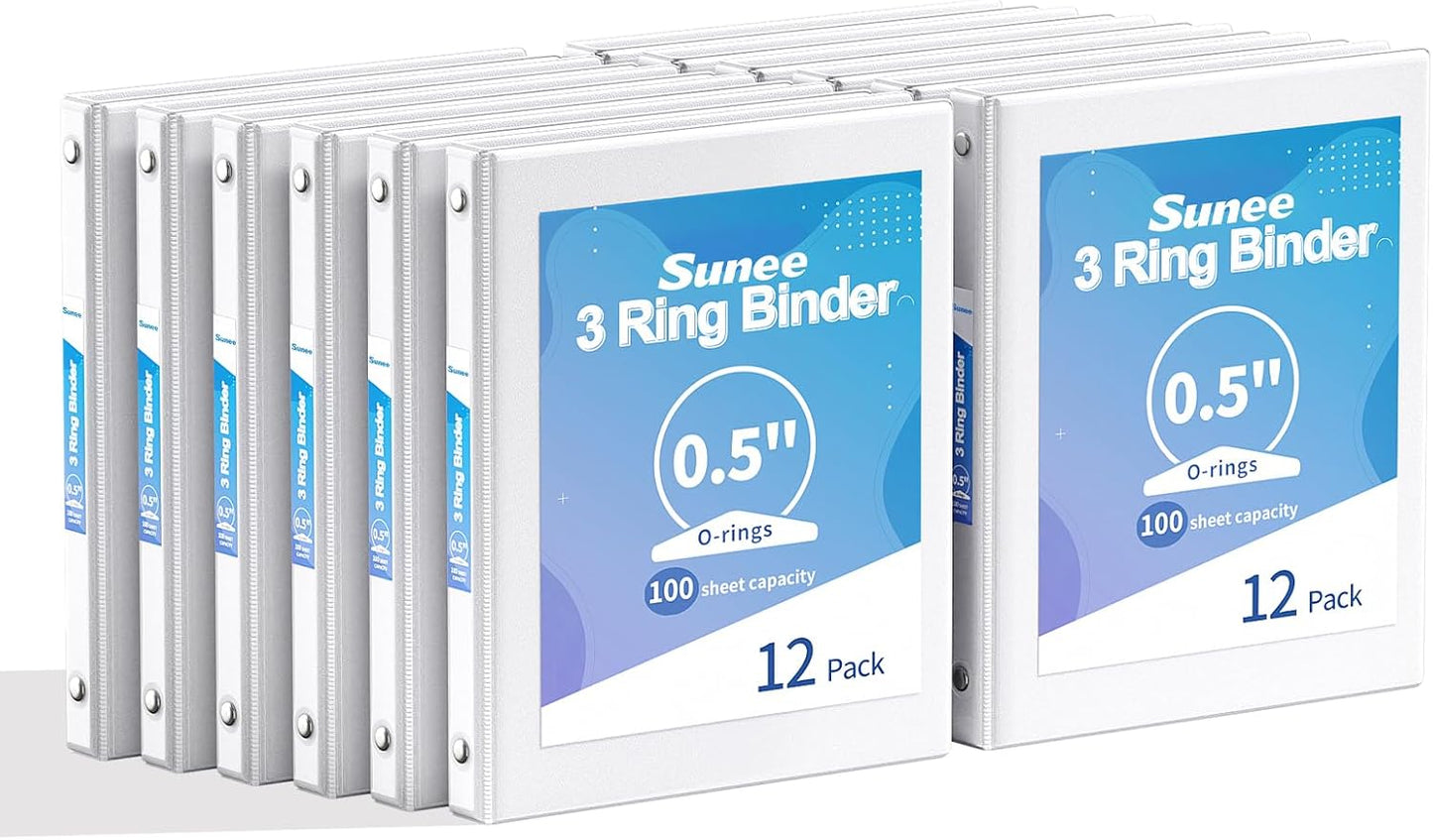 SUNEE 3 Ring Binders 1 Inch 12 Pack, Clear View Binders Bulk Three Ring PVC-Free (Fit 8.5x11 Inches) for School or Office Supplies, White