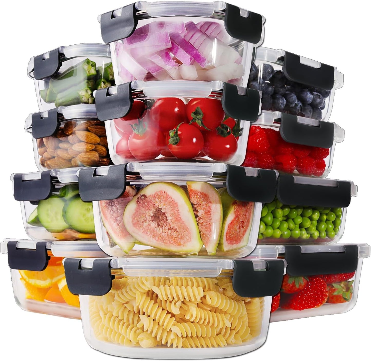 HOMBERKING 24pc Borosilicate Glass Food Storage Containers with Snap Locking Lids, Glass Meal Prep Containers, Airtight Lunch Boxes, Oven, Freezer and Dishwasher Safe, BPA Free, Kitchen Storage Set