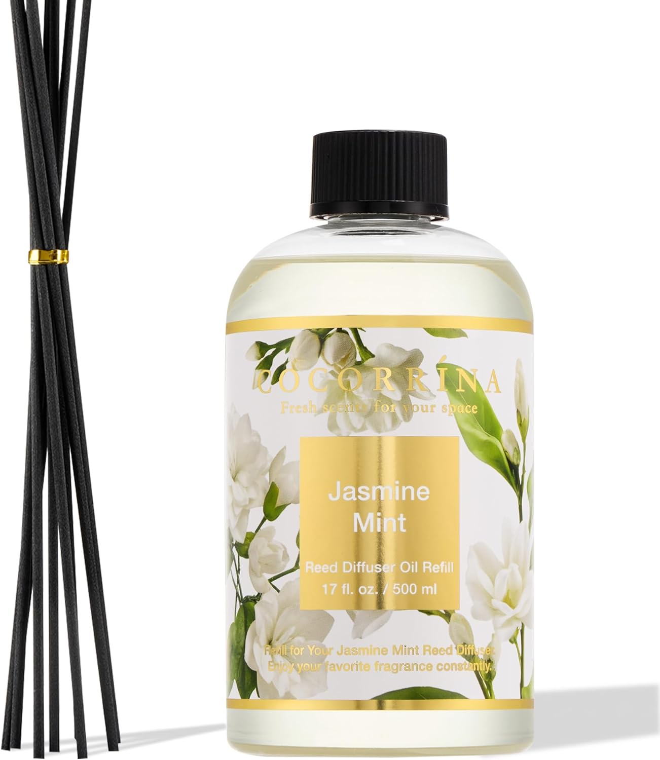 Cocorrína Reed Diffuser Refill Sandalwood Rose 17oz (500ml) with 8 Sticks - Premium Long-Lasting Floral Essential Oil, Home Fragrance for Bedroom, Bathroom Home Decor