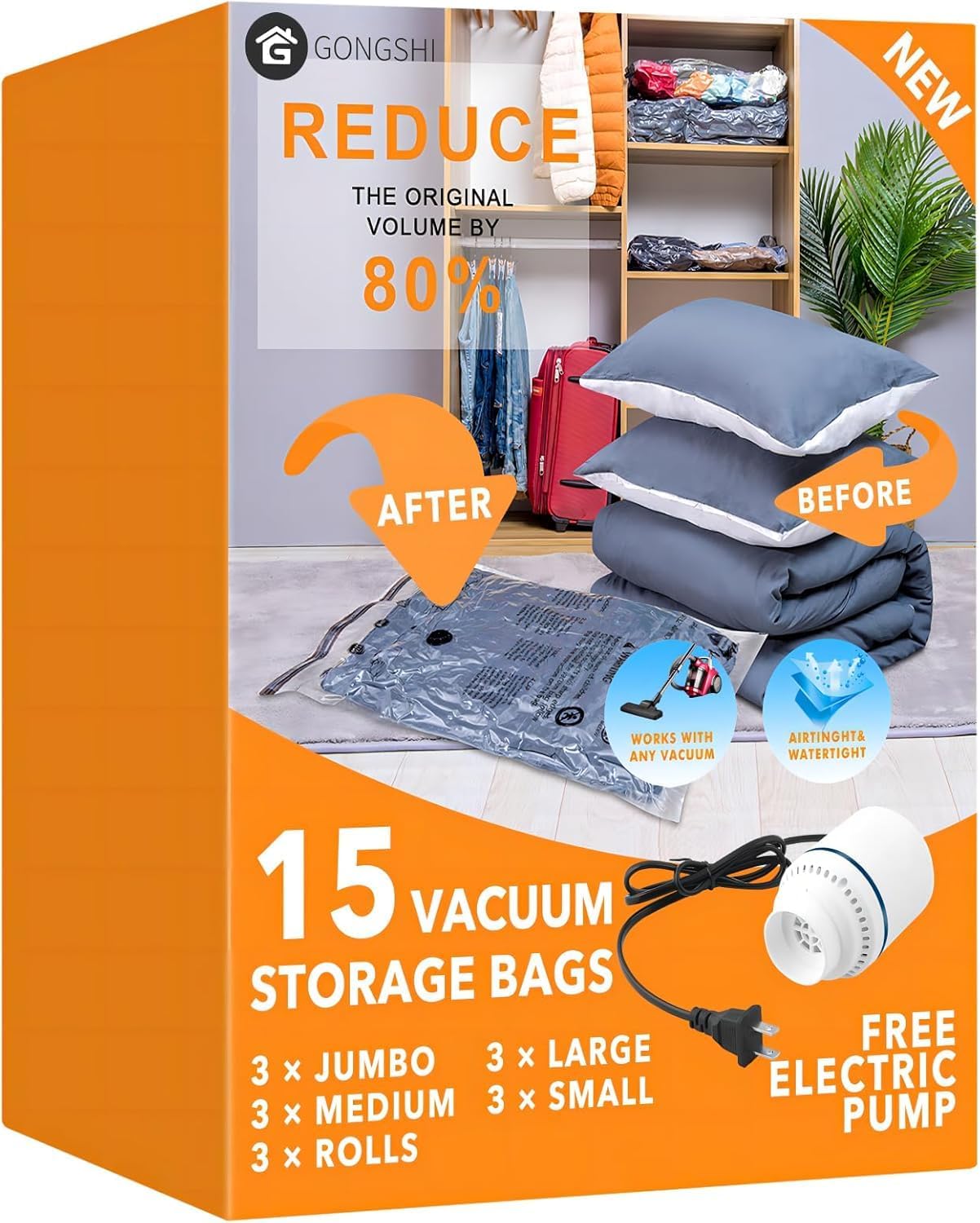 GONGSHI Vacuum Storage Bags, Space Saver Bags for Clothing,Blankets,Comforters, Pillows, Clothes,Travel,12 Jumbo
