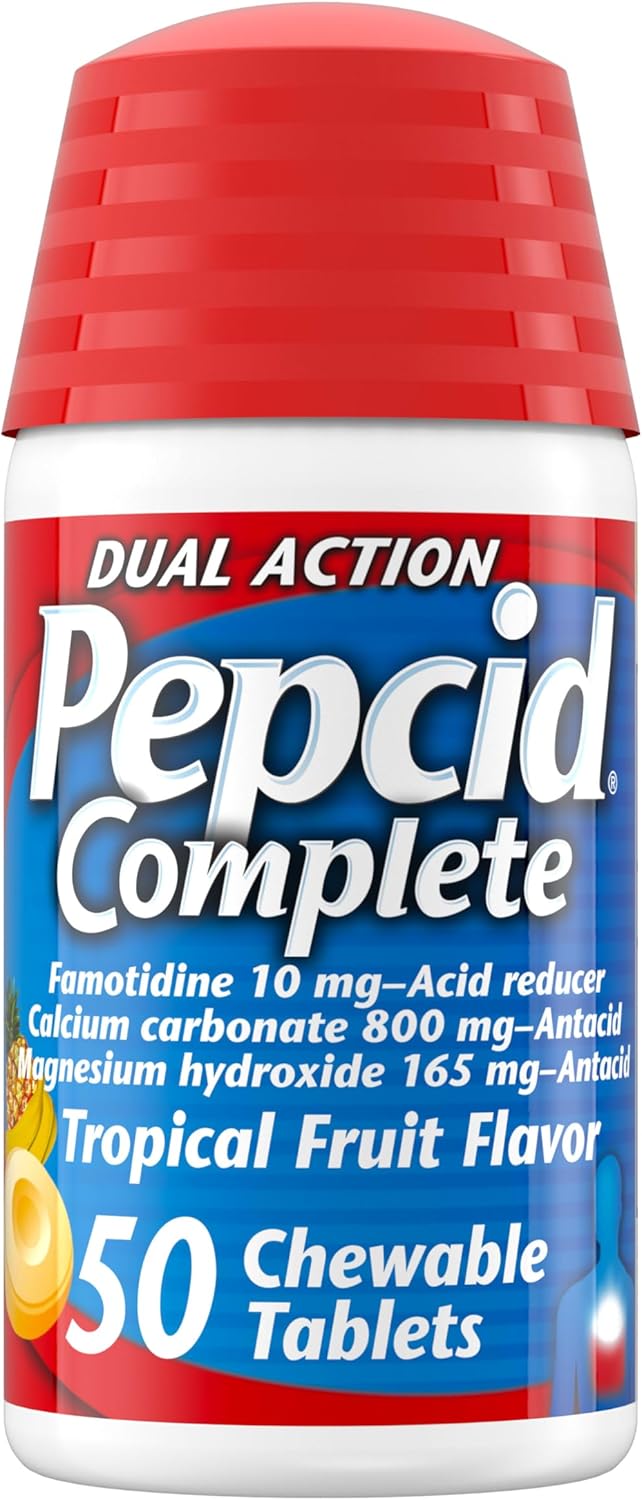 Pepcid Complete Acid Reducer + Antacid Chewables, 10mg Famotidine, 800mg Calcium Carbonate & 165mg Magnesium Hydroxide per Heartburn Medicine Tablet, Antacid Chews, Berry Flavored, 70 ct