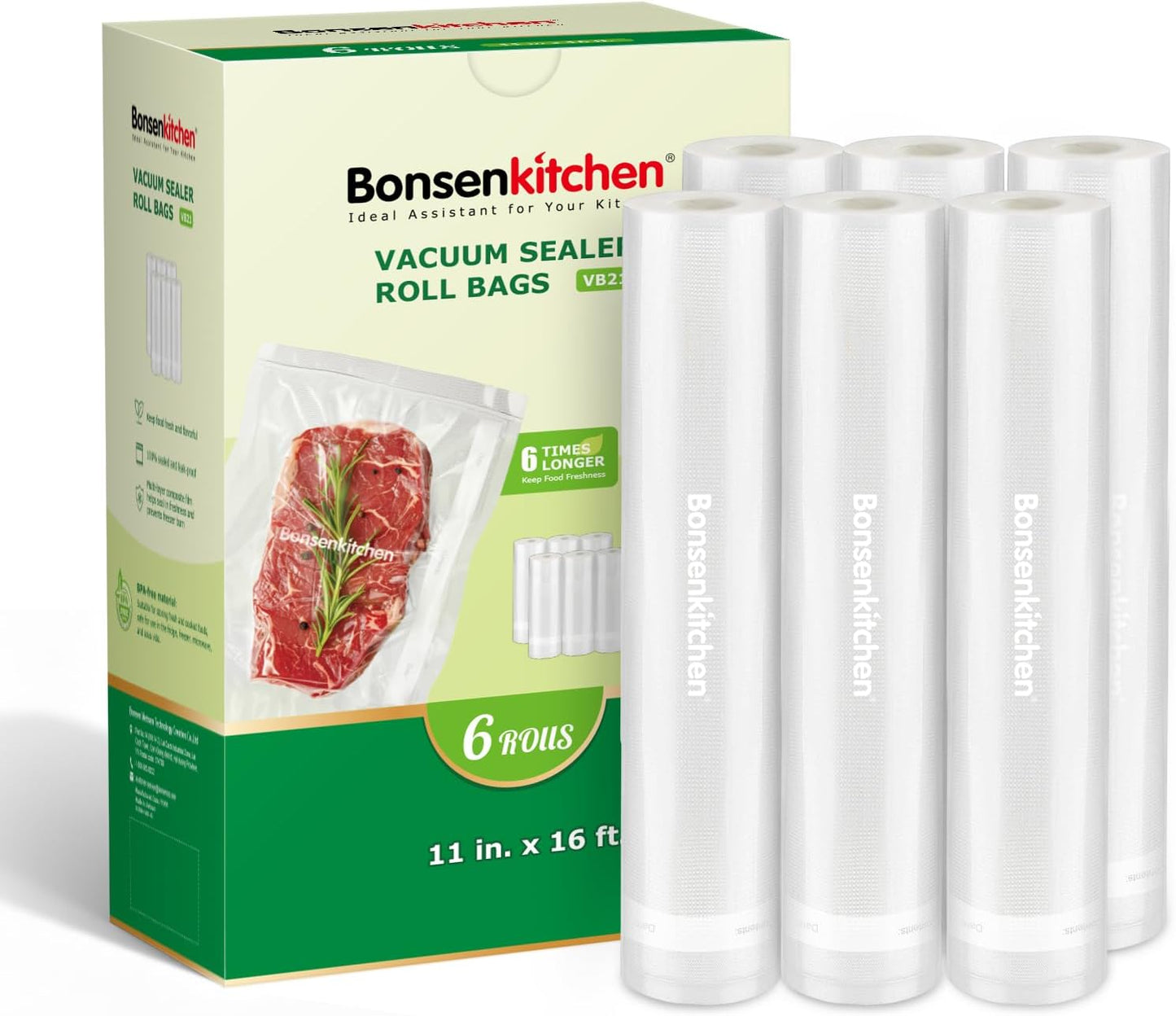 Bonsenkitchen Vacuum Sealer Rolls Bags, 6 Pack 3 Rolls 11" x 20' + 3 Rolls 8" x 20' Commercial Grade BPA Free Bag Rolls, Durable Customized Size Food Vac Bags for Storage and Sous Vide Cooking VB3211