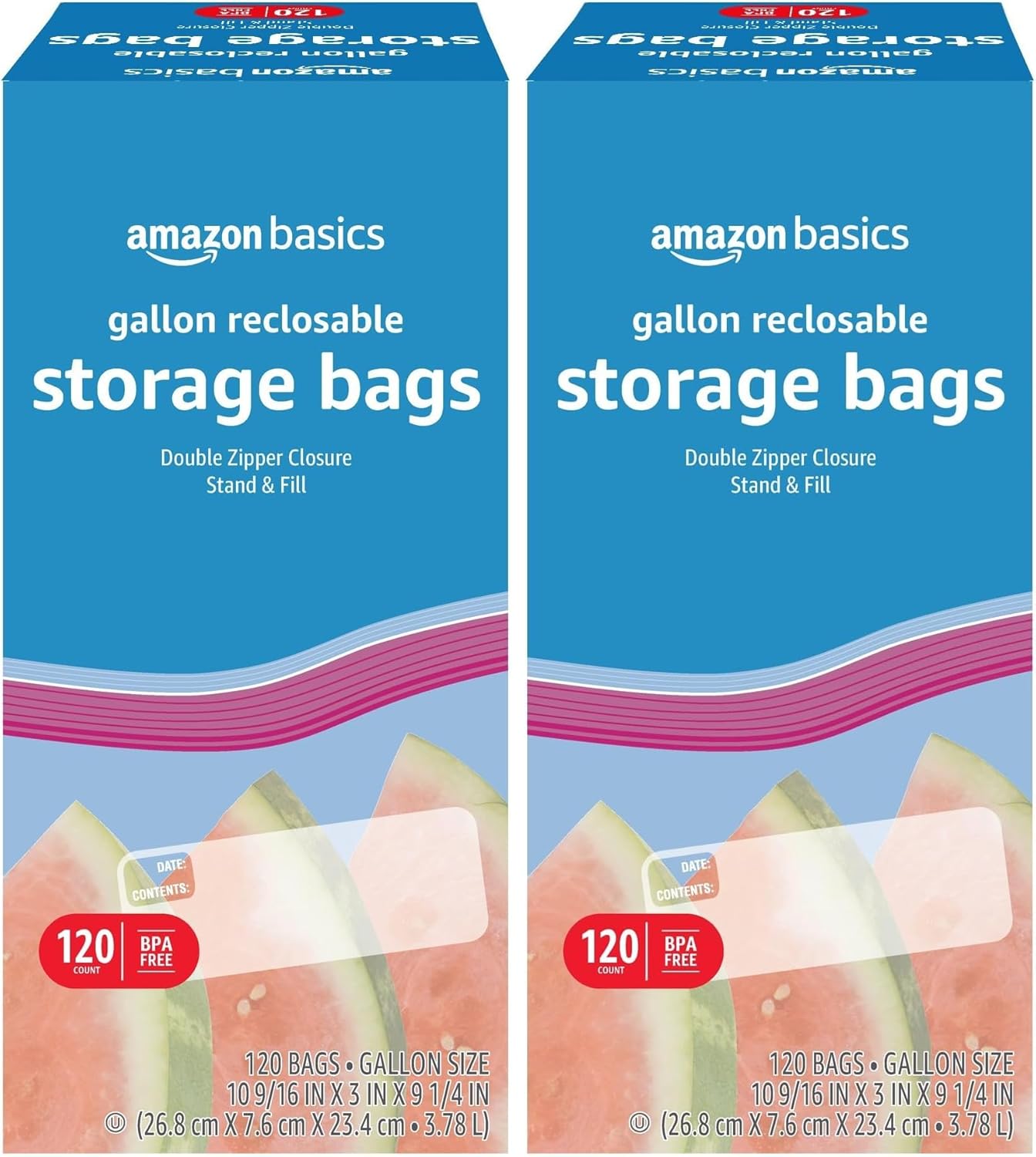 Amazon Basics Reclosable Gallon Food Storage Bags with Double Zipper Seal, Stand and Fill Base, BPA Free, 120 Count