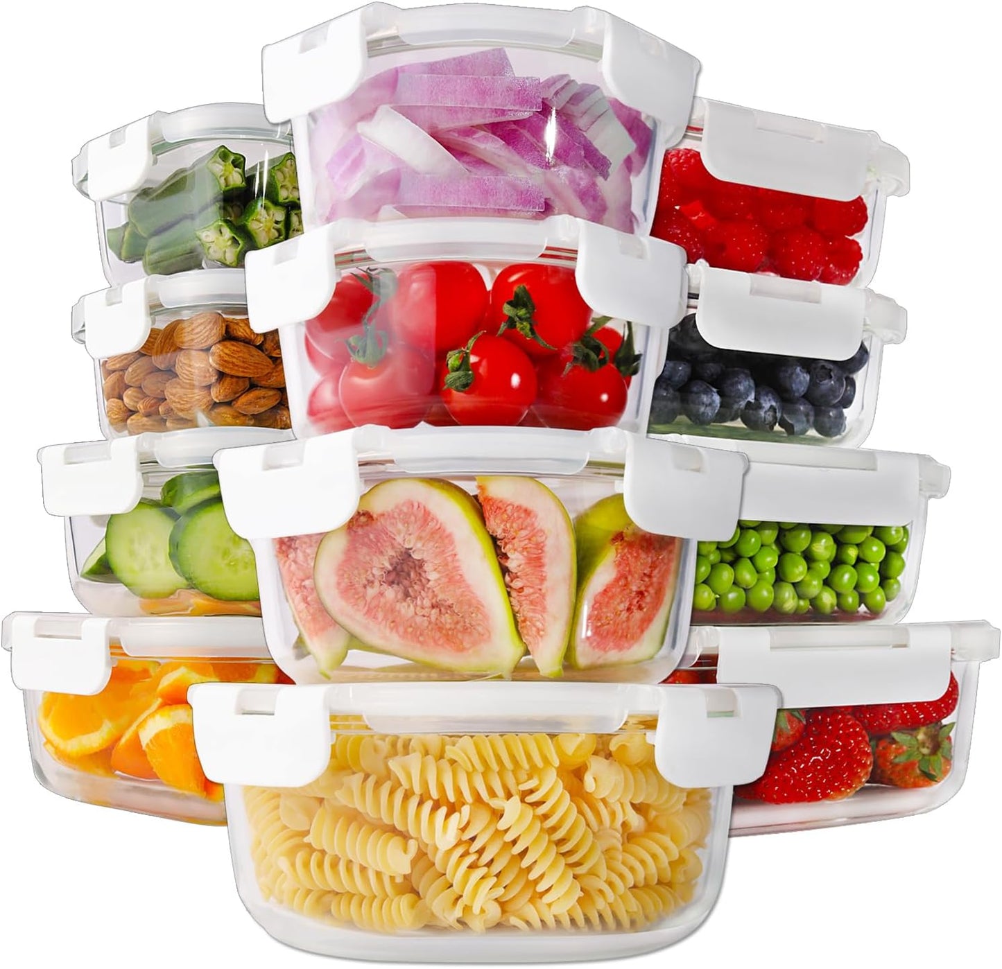 HOMBERKING 24pc Borosilicate Glass Food Storage Containers with Snap Locking Lids, Glass Meal Prep Containers, Airtight Lunch Boxes, Oven, Freezer and Dishwasher Safe, BPA Free, Kitchen Storage Set