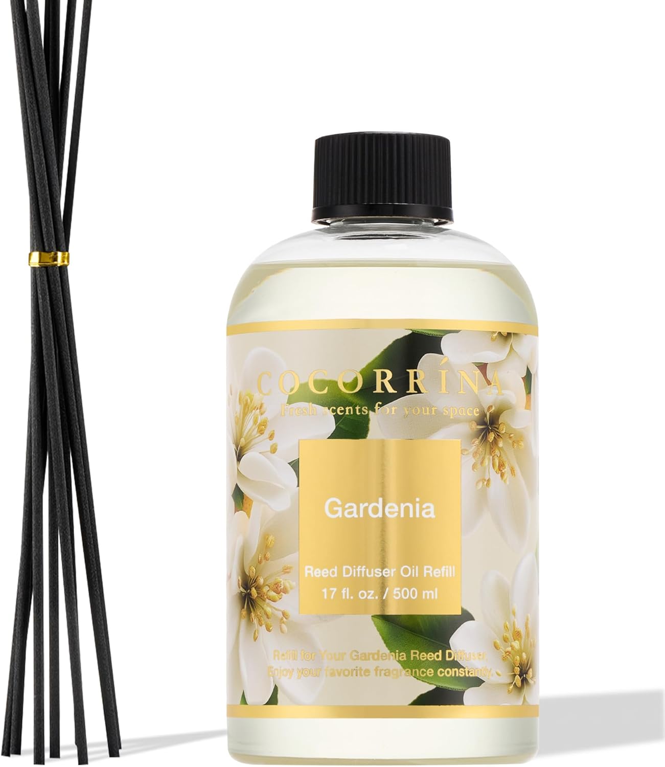 Cocorrína Reed Diffuser Refill Sandalwood Rose 17oz (500ml) with 8 Sticks - Premium Long-Lasting Floral Essential Oil, Home Fragrance for Bedroom, Bathroom Home Decor