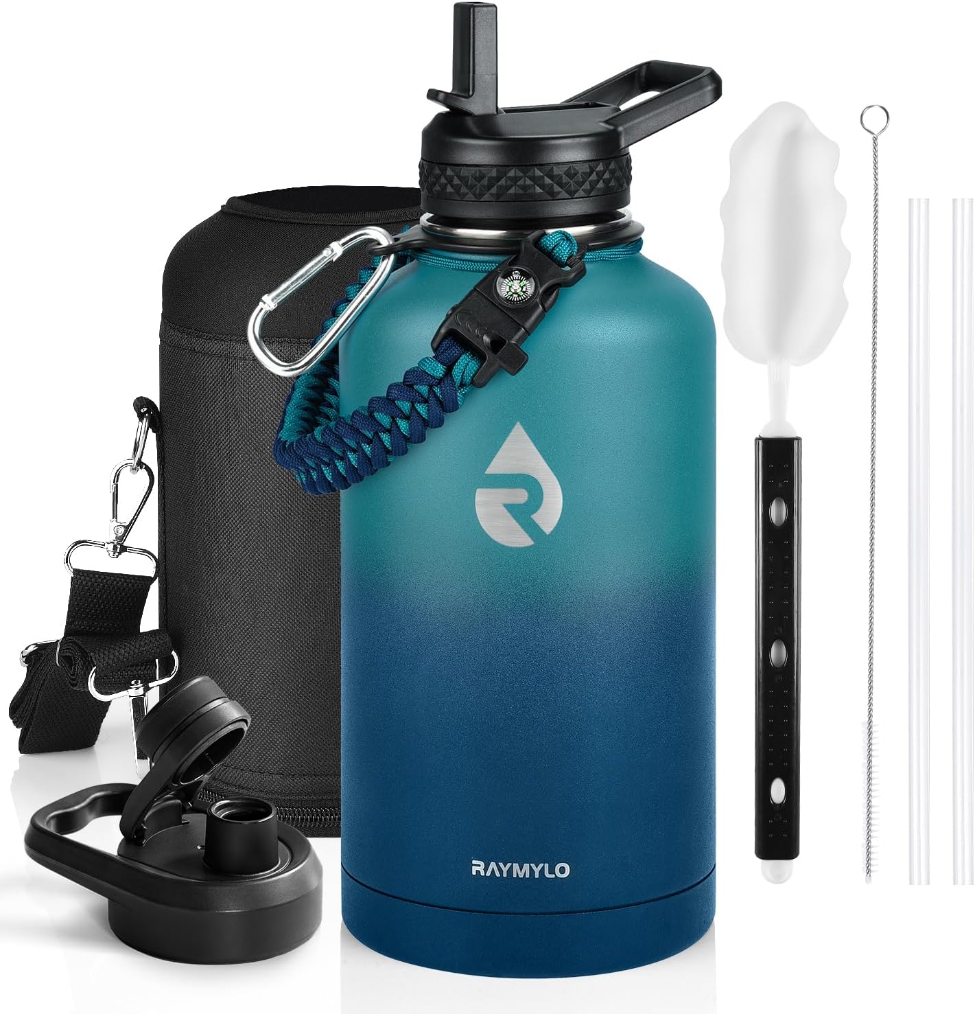 One Gallon Water Bottle Insulated, Triple Walled Vacuum Stainless Steel (Cold for 48 Hrs), Leak Proof & Non-BPA, Large Water Flask Jug with Paracord Handle & Straw Spout Lids