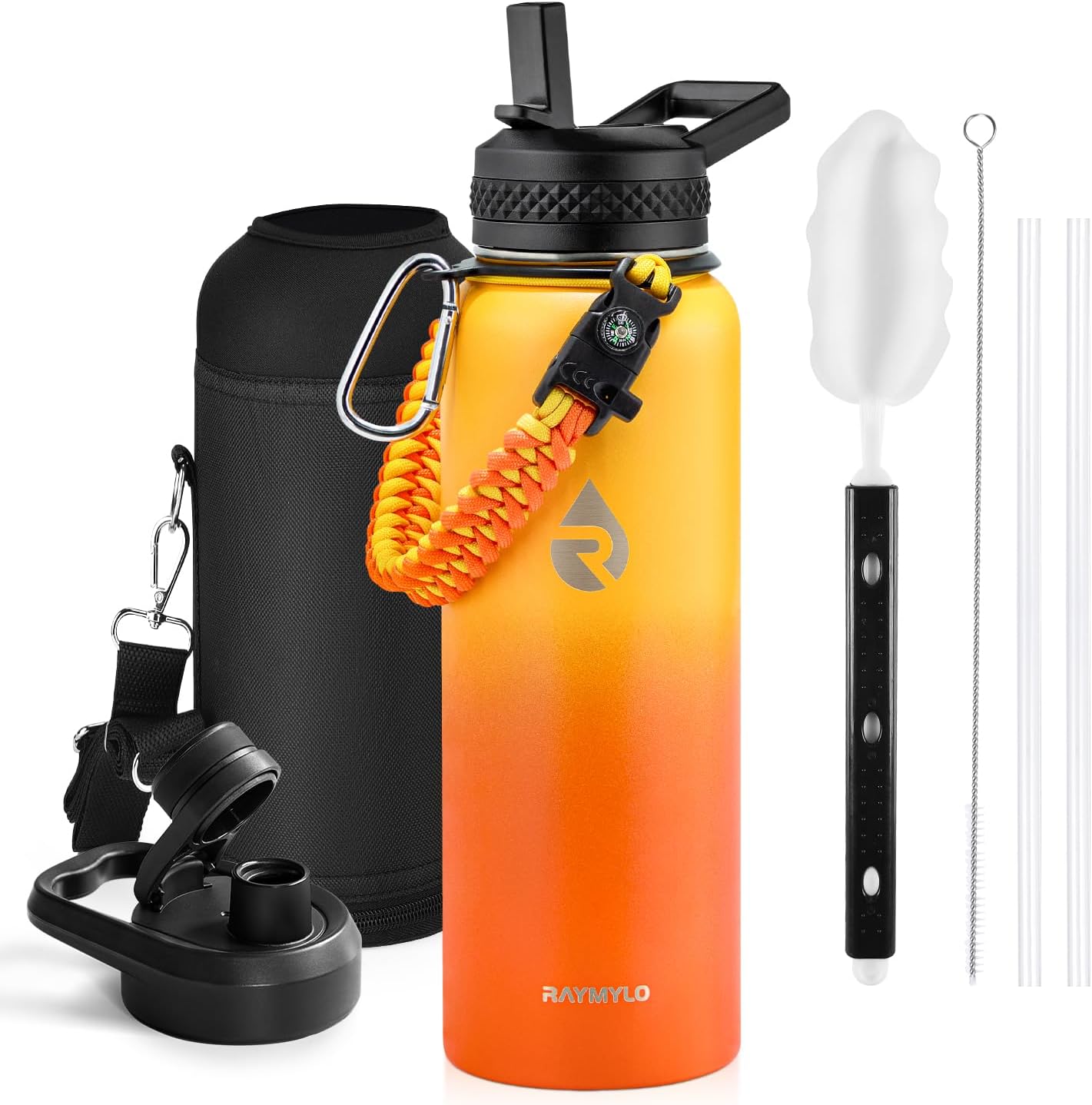One Gallon Water Bottle Insulated, Triple Walled Vacuum Stainless Steel (Cold for 48 Hrs), Leak Proof & Non-BPA, Large Water Flask Jug with Paracord Handle & Straw Spout Lids