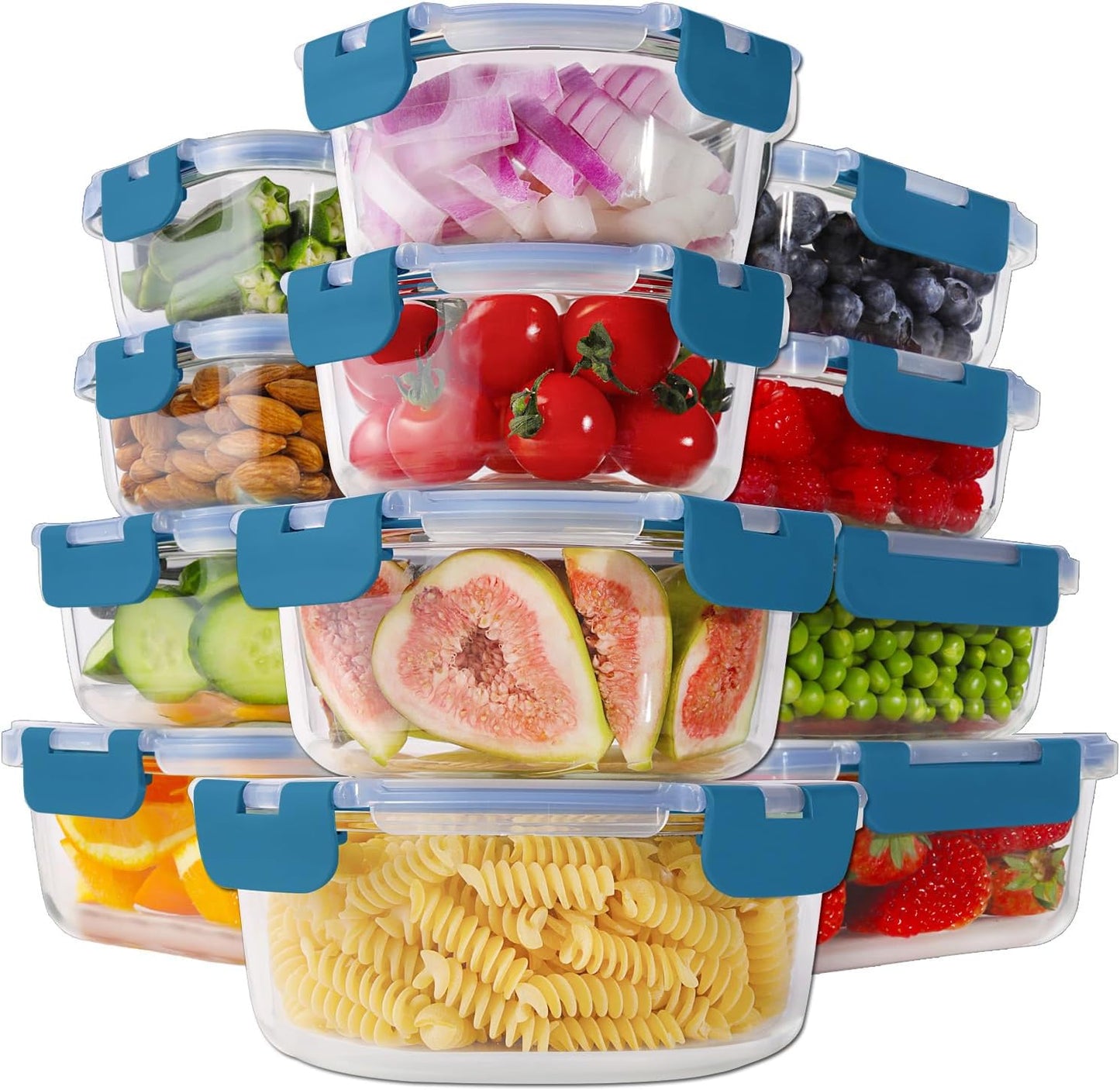 HOMBERKING 24pc Borosilicate Glass Food Storage Containers with Snap Locking Lids, Glass Meal Prep Containers, Airtight Lunch Boxes, Oven, Freezer and Dishwasher Safe, BPA Free, Kitchen Storage Set