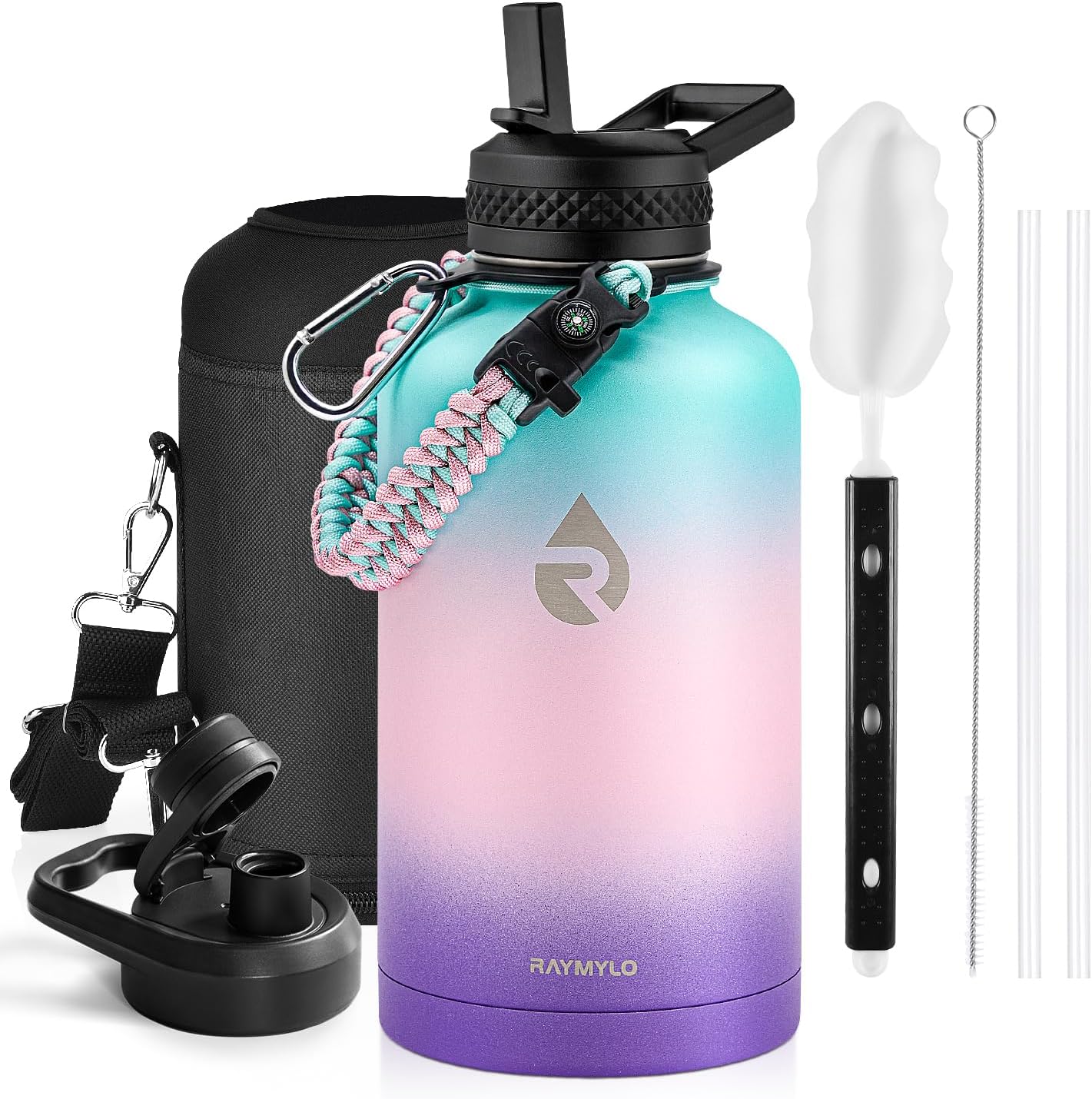 One Gallon Water Bottle Insulated, Triple Walled Vacuum Stainless Steel (Cold for 48 Hrs), Leak Proof & Non-BPA, Large Water Flask Jug with Paracord Handle & Straw Spout Lids