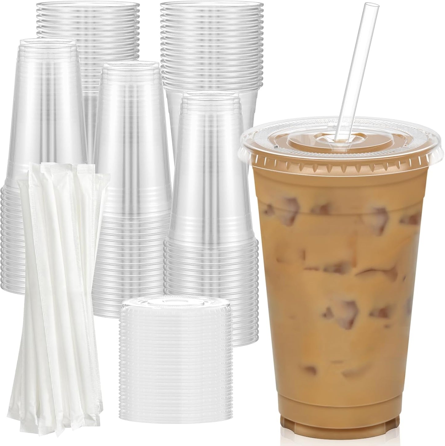 100 Pack 16 oz Clear Plastic Cups with Lids & Straws – Sturdy, Food-Safe Disposable Cups for Iced Coffee, Smoothies & Cold Drinks