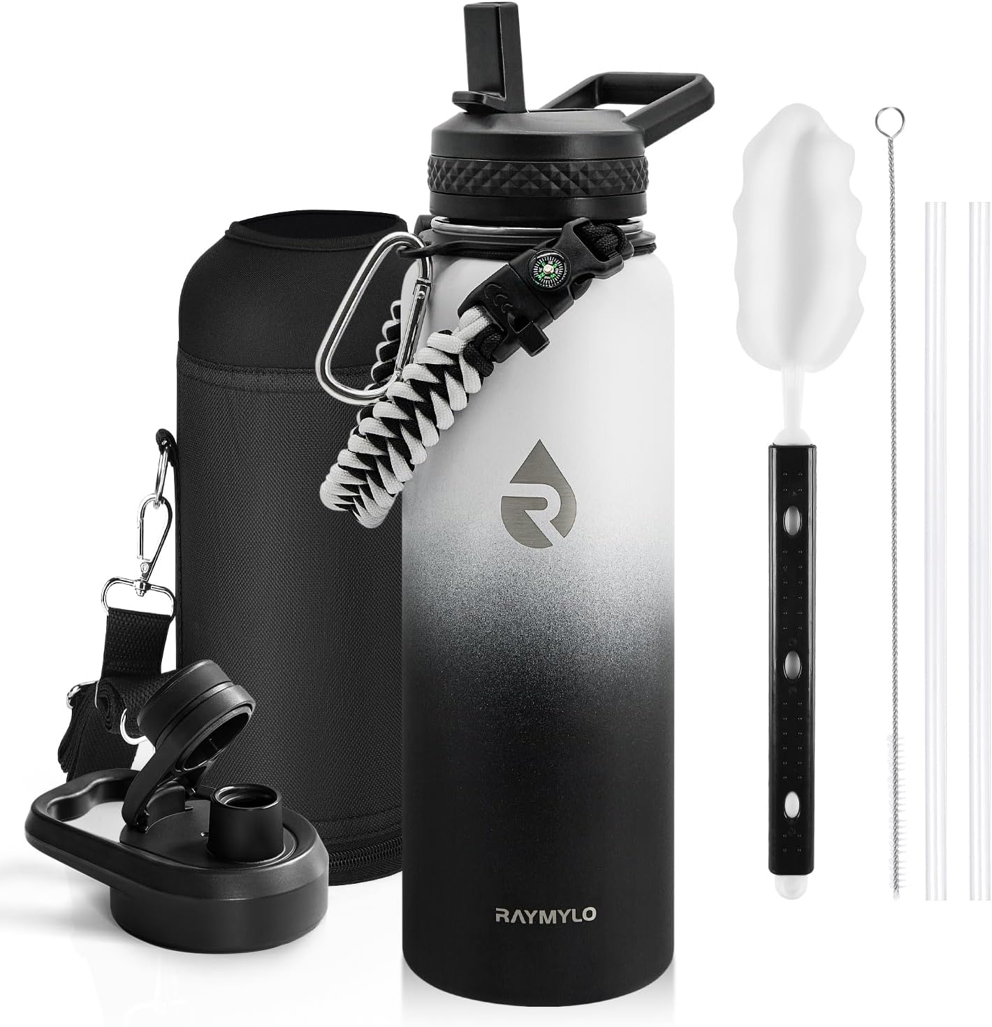 One Gallon Water Bottle Insulated, Triple Walled Vacuum Stainless Steel (Cold for 48 Hrs), Leak Proof & Non-BPA, Large Water Flask Jug with Paracord Handle & Straw Spout Lids