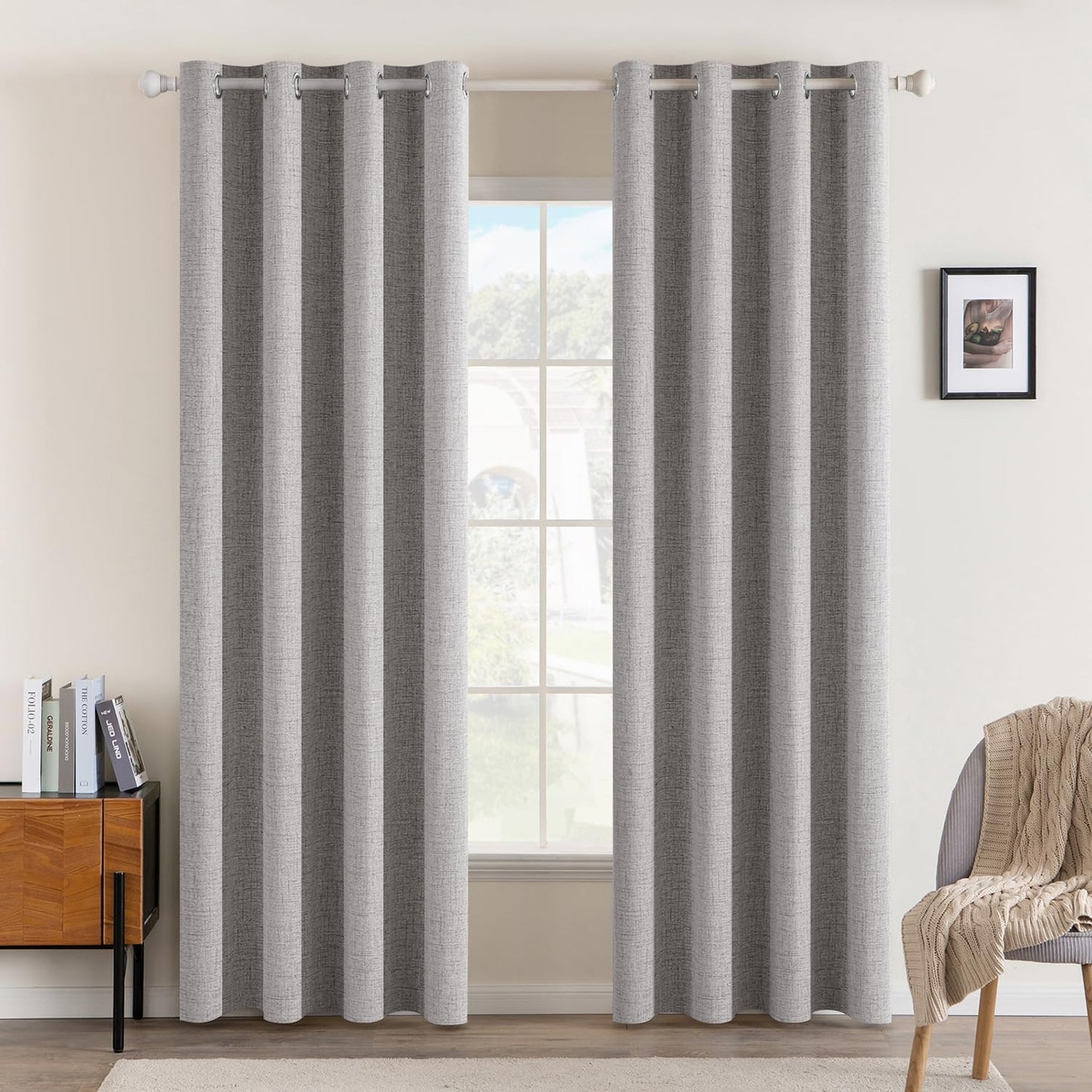 MIULEE 100% Blackout Linen Textured Curtains for Bedroom Solid Thermal Insulated Natural Beige Grommet Room Darkening Curtains & Drapes Luxury Decor for Living Room Nursery 52 x 84 Inch (2 Panels)