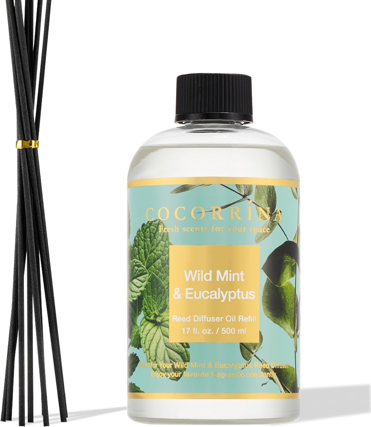 Cocorrína Reed Diffuser Refill Sandalwood Rose 17oz (500ml) with 8 Sticks - Premium Long-Lasting Floral Essential Oil, Home Fragrance for Bedroom, Bathroom Home Decor