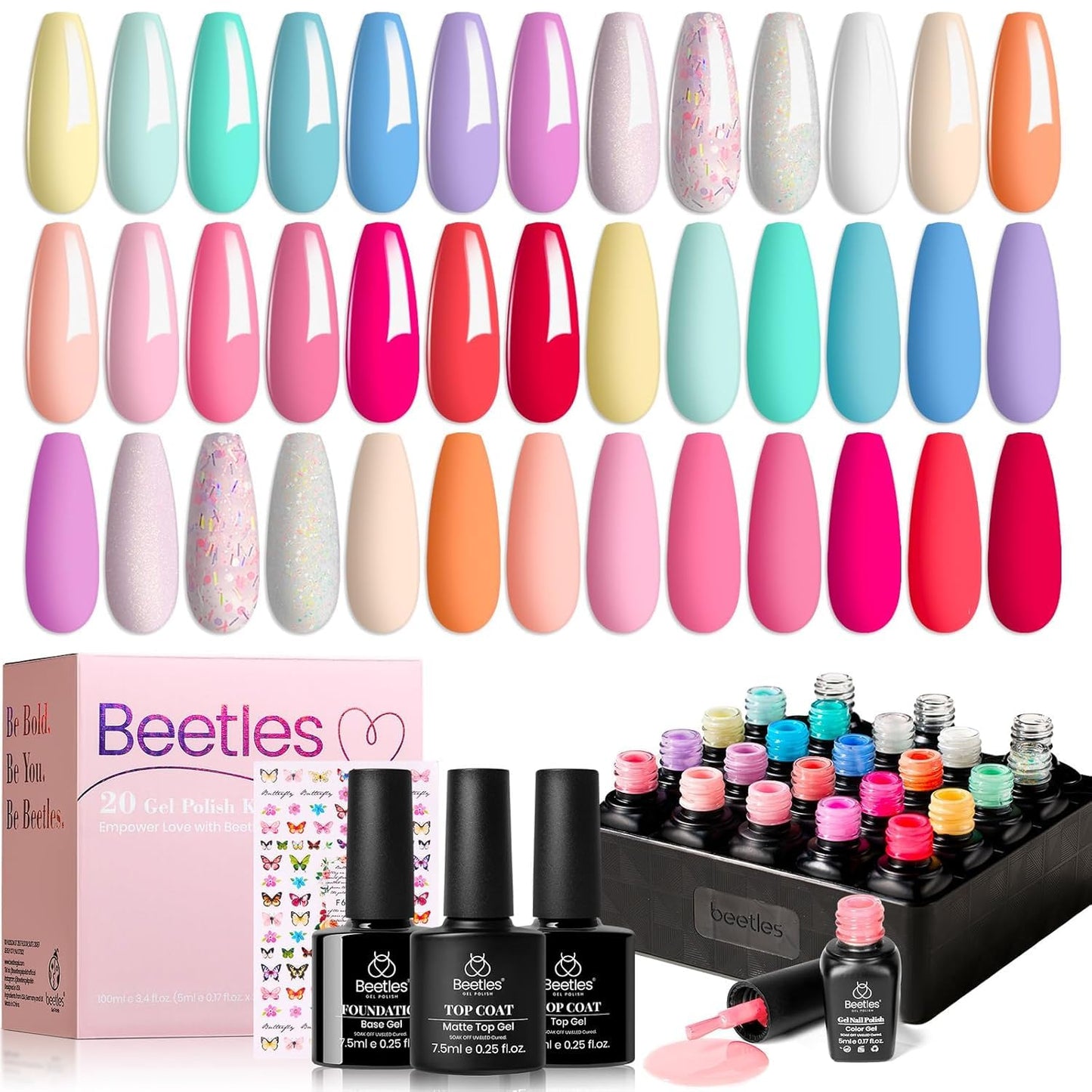 Beetles Gel Nail Polish Kit with U V Light - 80Pcs Color Enchantment 55 Colors Gel Polish Starter Kit with Base Top Coat DIY Nails Supply Stickers Manicure Tools Home Salon Gift for Women Teens Girls