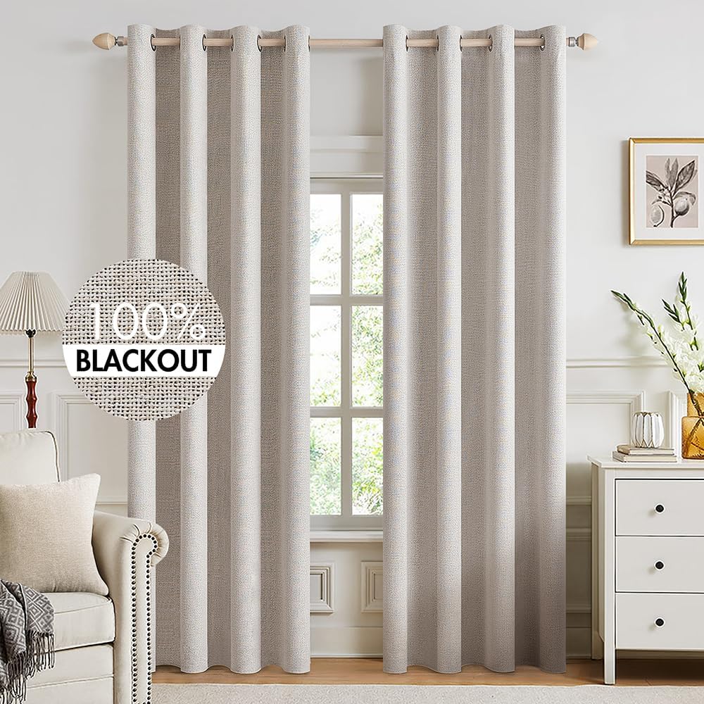 MIULEE 100% Blackout Linen Textured Curtains for Bedroom Solid Thermal Insulated Natural Beige Grommet Room Darkening Curtains & Drapes Luxury Decor for Living Room Nursery 52 x 84 Inch (2 Panels)