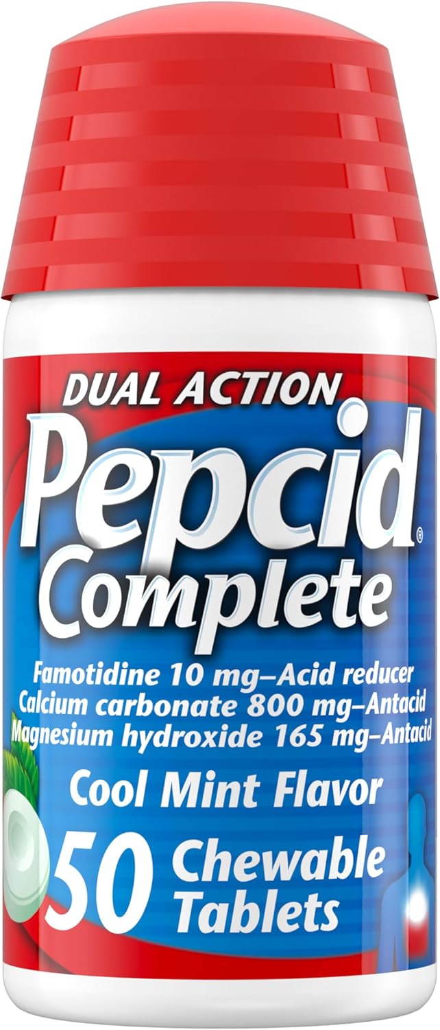 Pepcid Complete Acid Reducer + Antacid Chewables, 10mg Famotidine, 800mg Calcium Carbonate & 165mg Magnesium Hydroxide per Heartburn Medicine Tablet, Antacid Chews, Berry Flavored, 70 ct